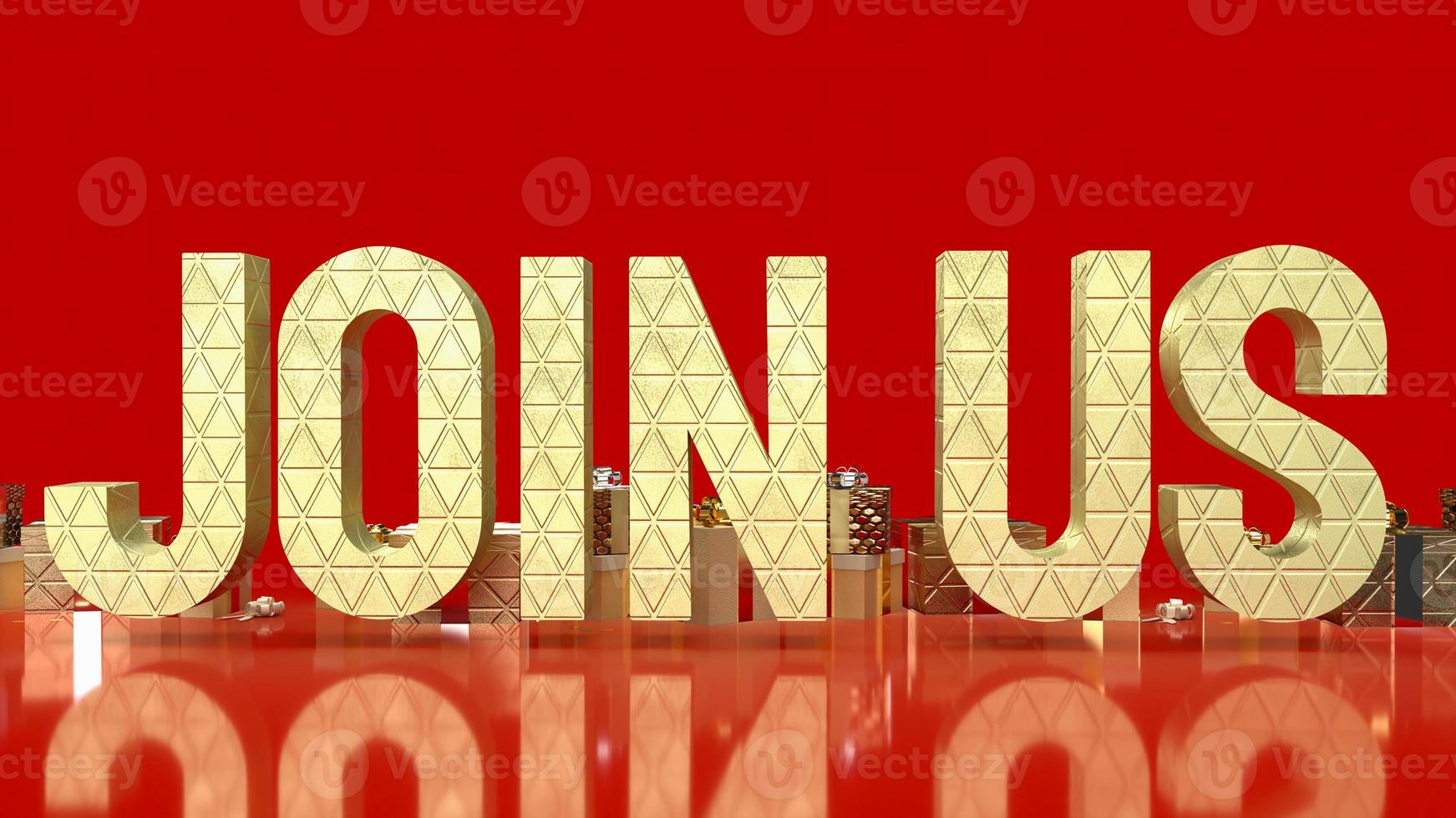 gold join us and gift box on red background 3d rendering photo