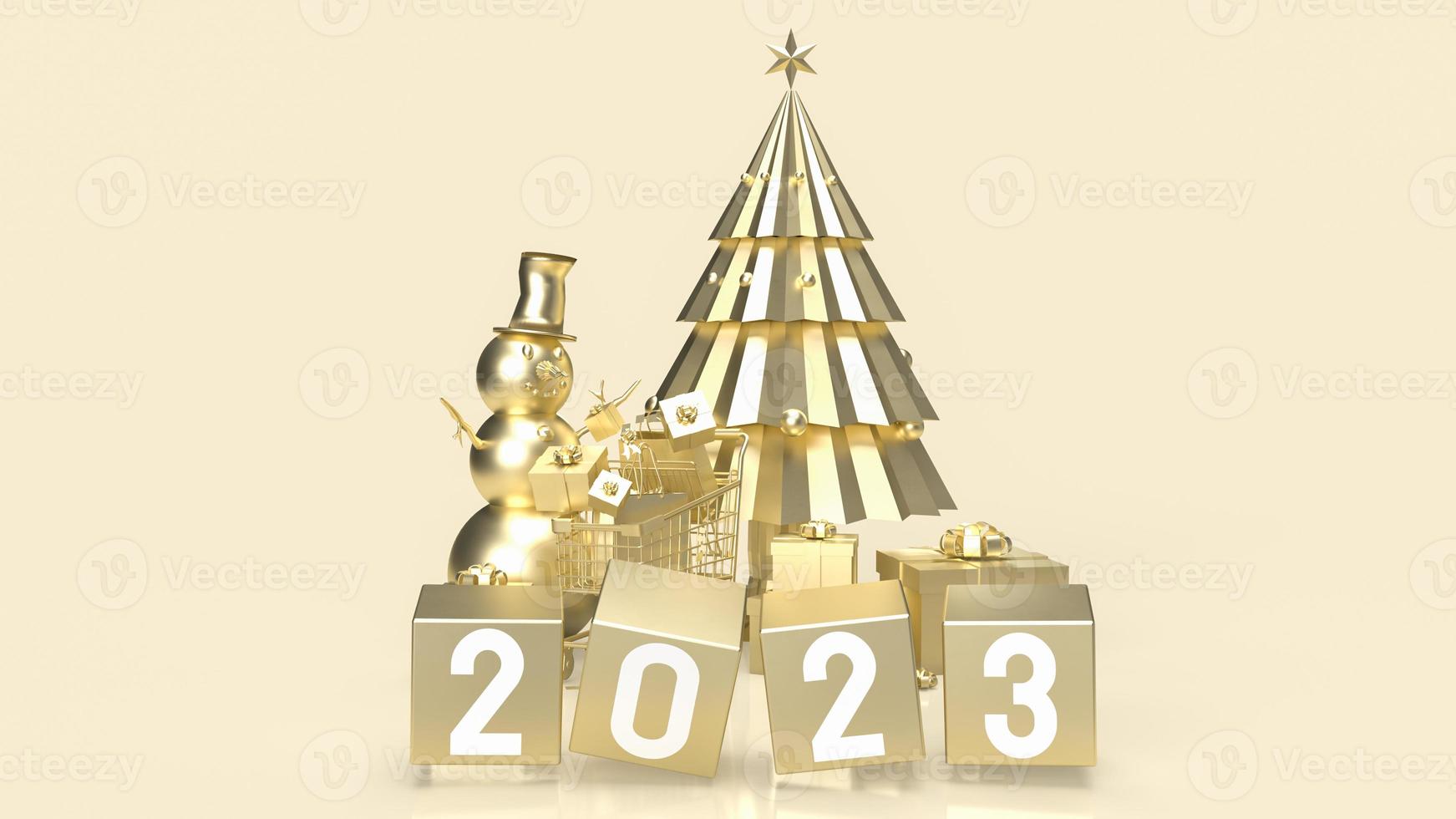 The 2023 gold cube and Christmas  tree for advertising concept 3d rendering photo