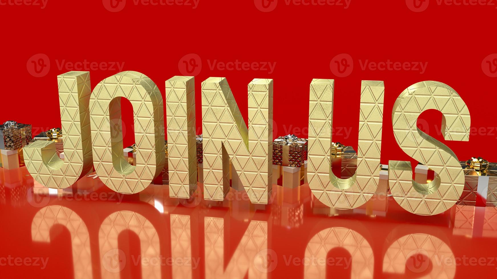 gold join us and gift box on red background 3d rendering photo