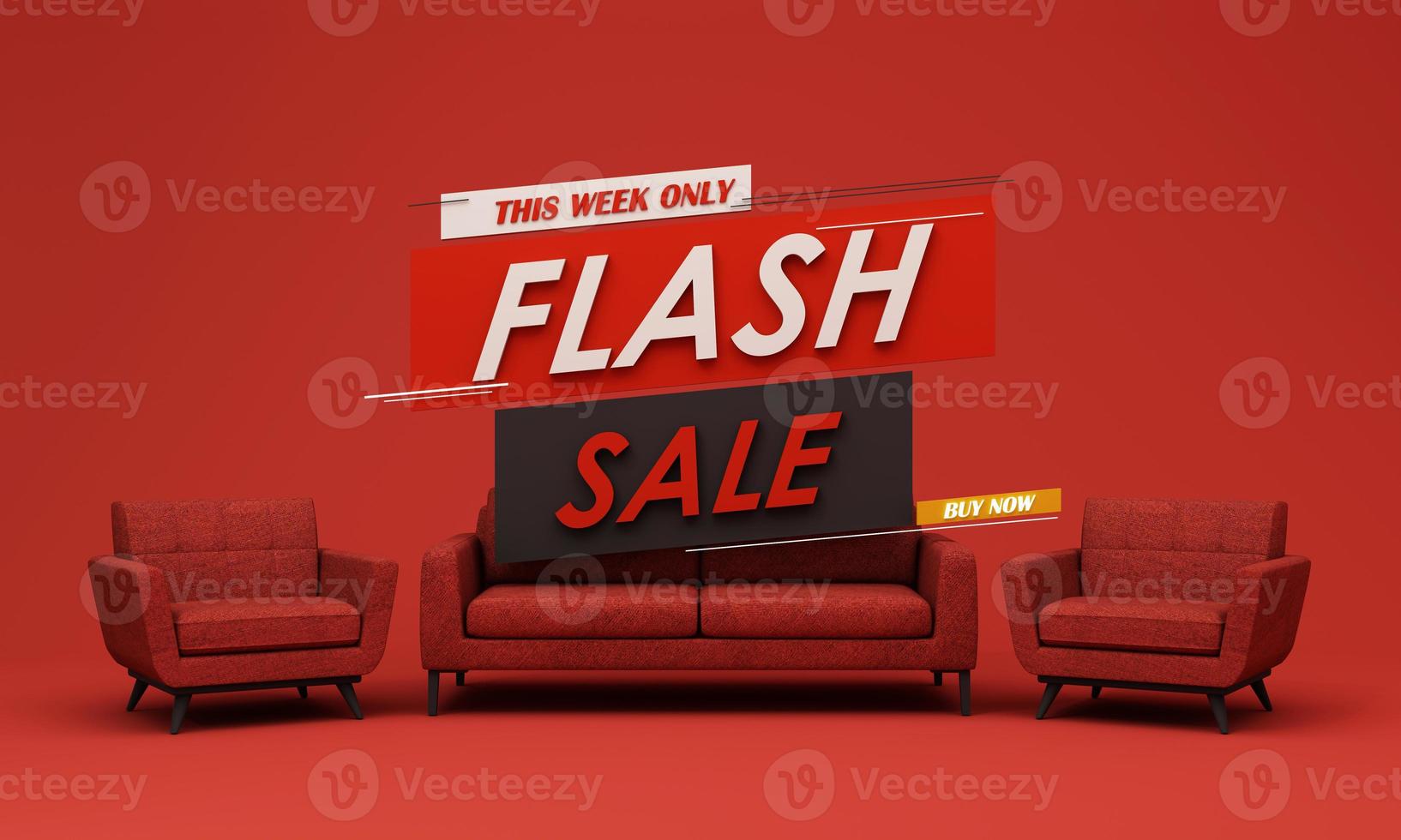 Flash sale banner template Special offer discount concept Sale of home decorations and furniture During promotions. surrounded by sofas chairs and advertising spaces. pastel background. 3d render photo