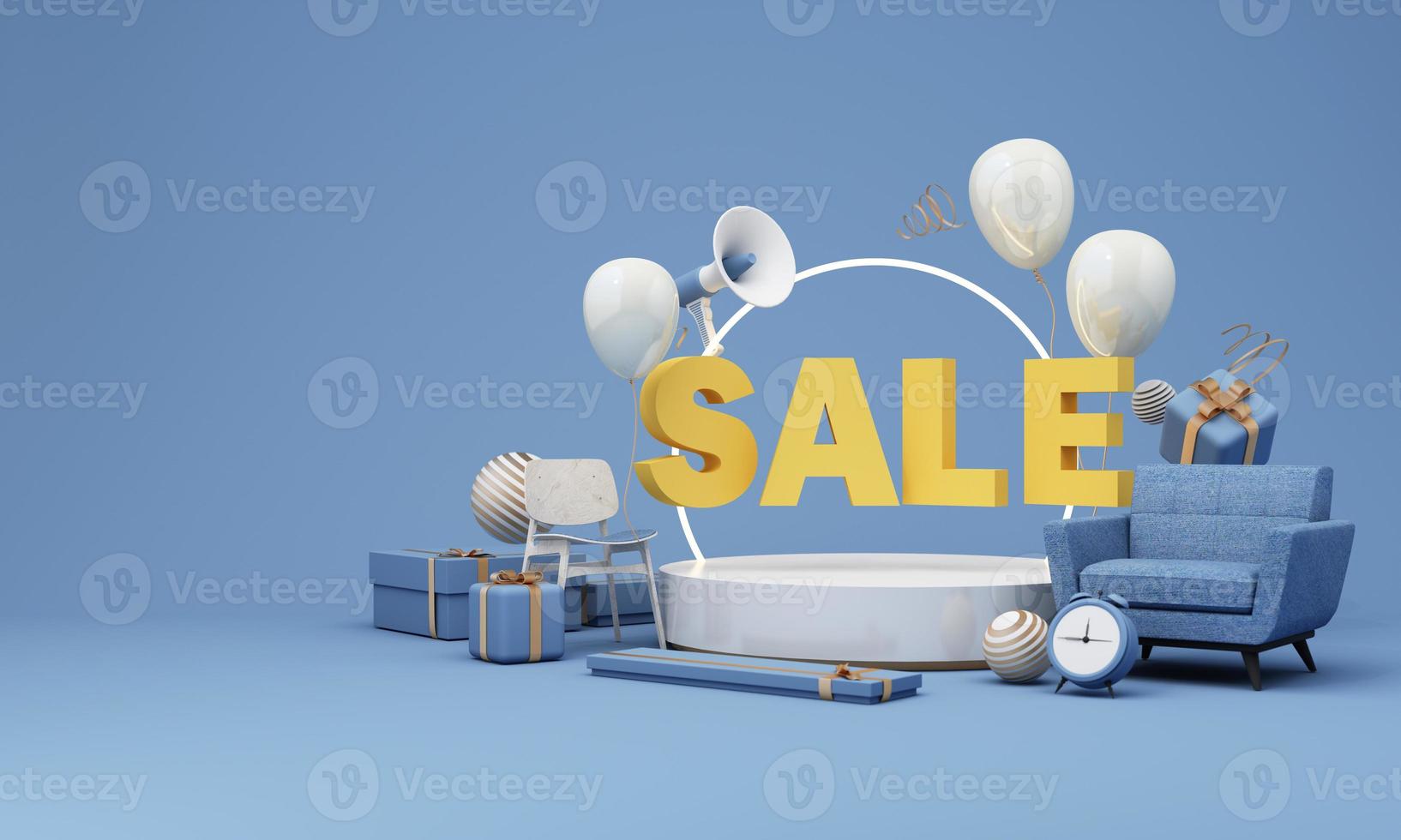 Flash sale banner template Special offer discount concept Sale of home decorations and furniture During promotions. surrounded by sofas chairs and advertising spaces. pastel background. 3d render photo