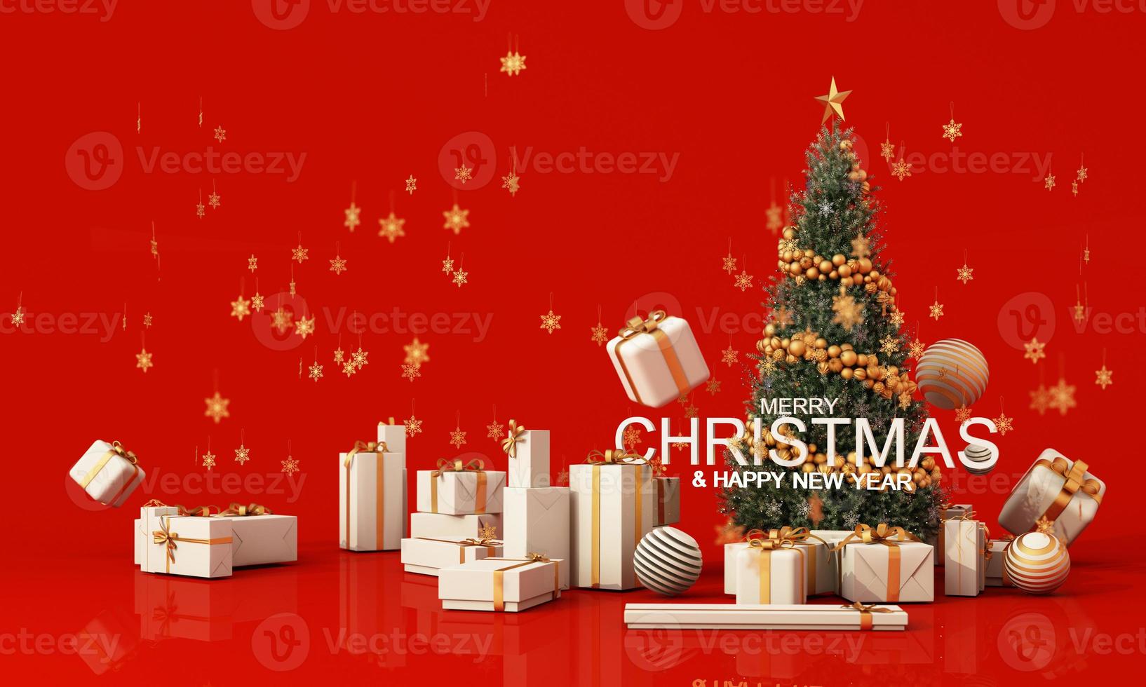 Christmas sparkling bright tree with star. Merry Christmas and Happy New Year. Realistic 3d design of objects, light garlands, bauble ball, Gift box, surprise gifts, gold confetti. 3d rendering photo