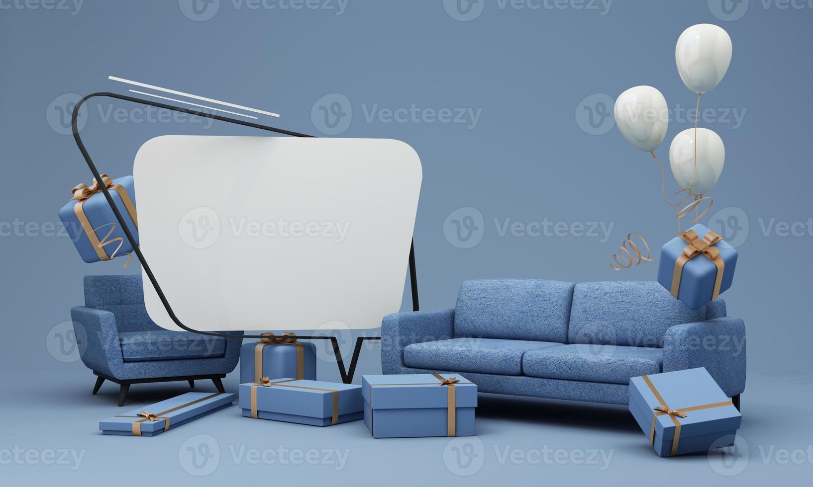 Flash sale banner template Special offer discount concept Sale of home decorations and furniture During promotions. surrounded by sofas chairs and advertising spaces. pastel background. 3d render photo