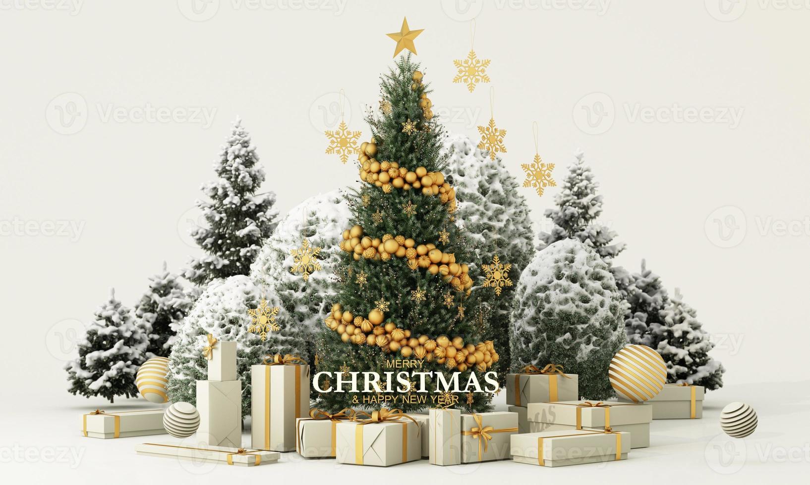 Christmas sparkling bright tree with star. Merry Christmas and Happy New Year. Realistic 3d design of objects, light garlands, bauble ball, Gift box, surprise gifts, gold confetti. 3d rendering photo