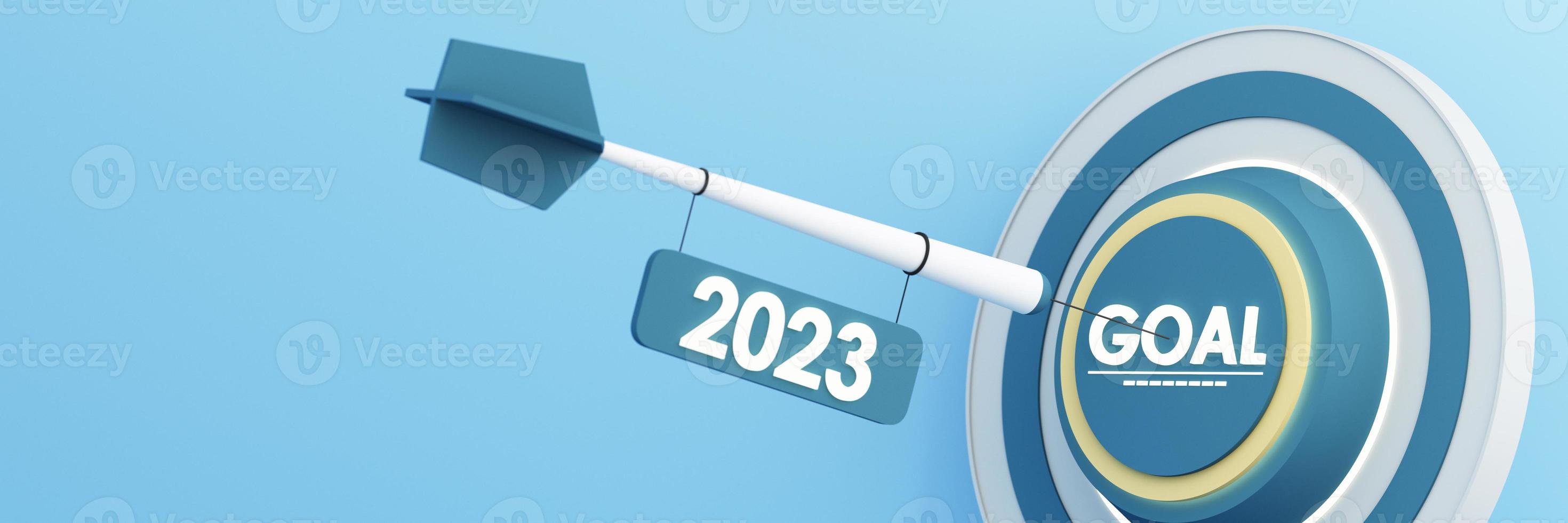 Countdown start new year 2023 with the vision and perspective of planning to achieve goals. concept for the future business and management. in cartoon illustration on pastel background. 3d rendering photo