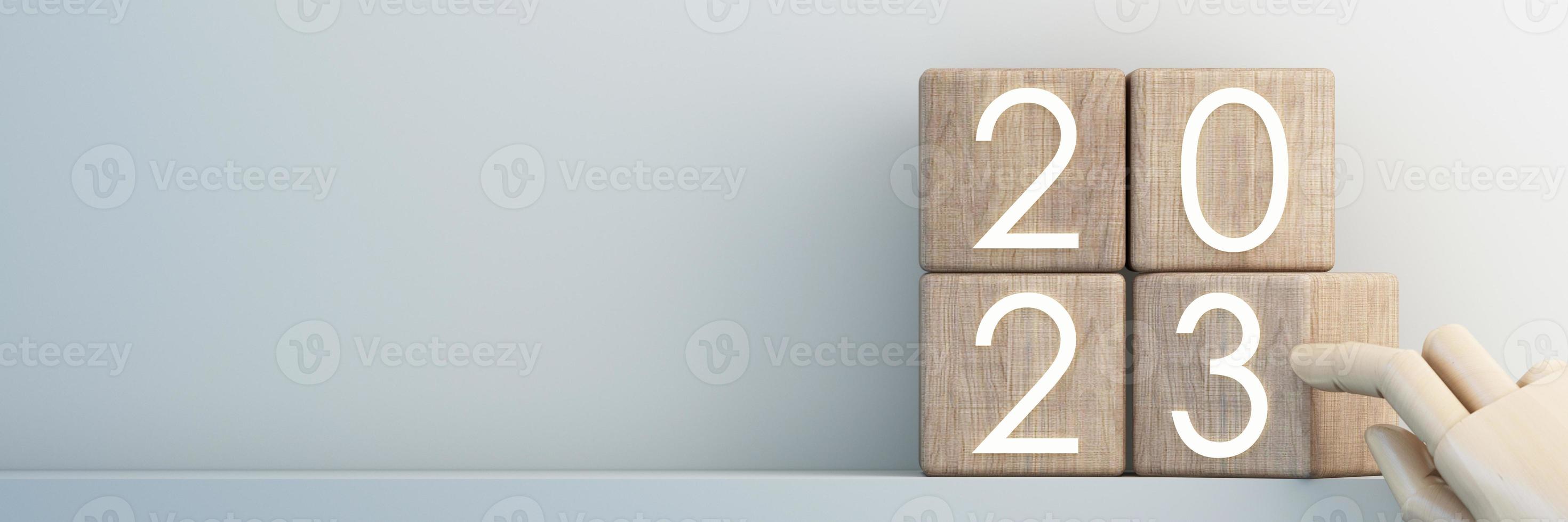 Countdown start new year 2023 with the vision and perspective of planning to achieve goals. concept for the future business and management. in cartoon illustration on pastel background. 3d rendering photo