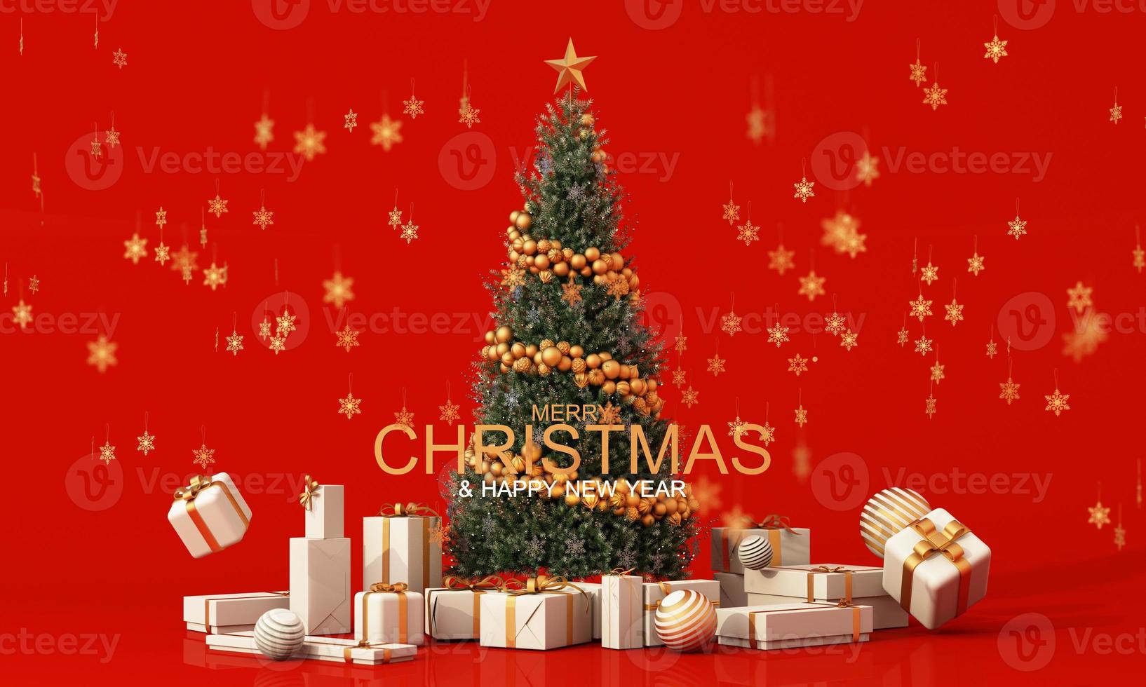 Christmas sparkling bright tree with star. Merry Christmas and Happy New Year. Realistic 3d design of objects, light garlands, bauble ball, Gift box, surprise gifts, gold confetti. 3d rendering photo