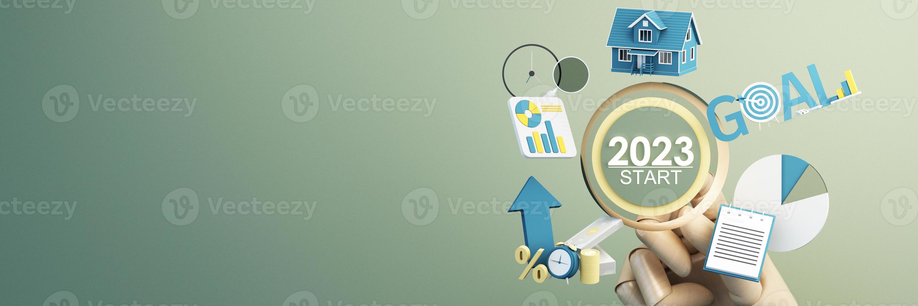 Countdown start new year 2023 with the vision and perspective of planning to achieve goals. concept for the future business and management. in cartoon illustration on pastel background. 3d rendering photo