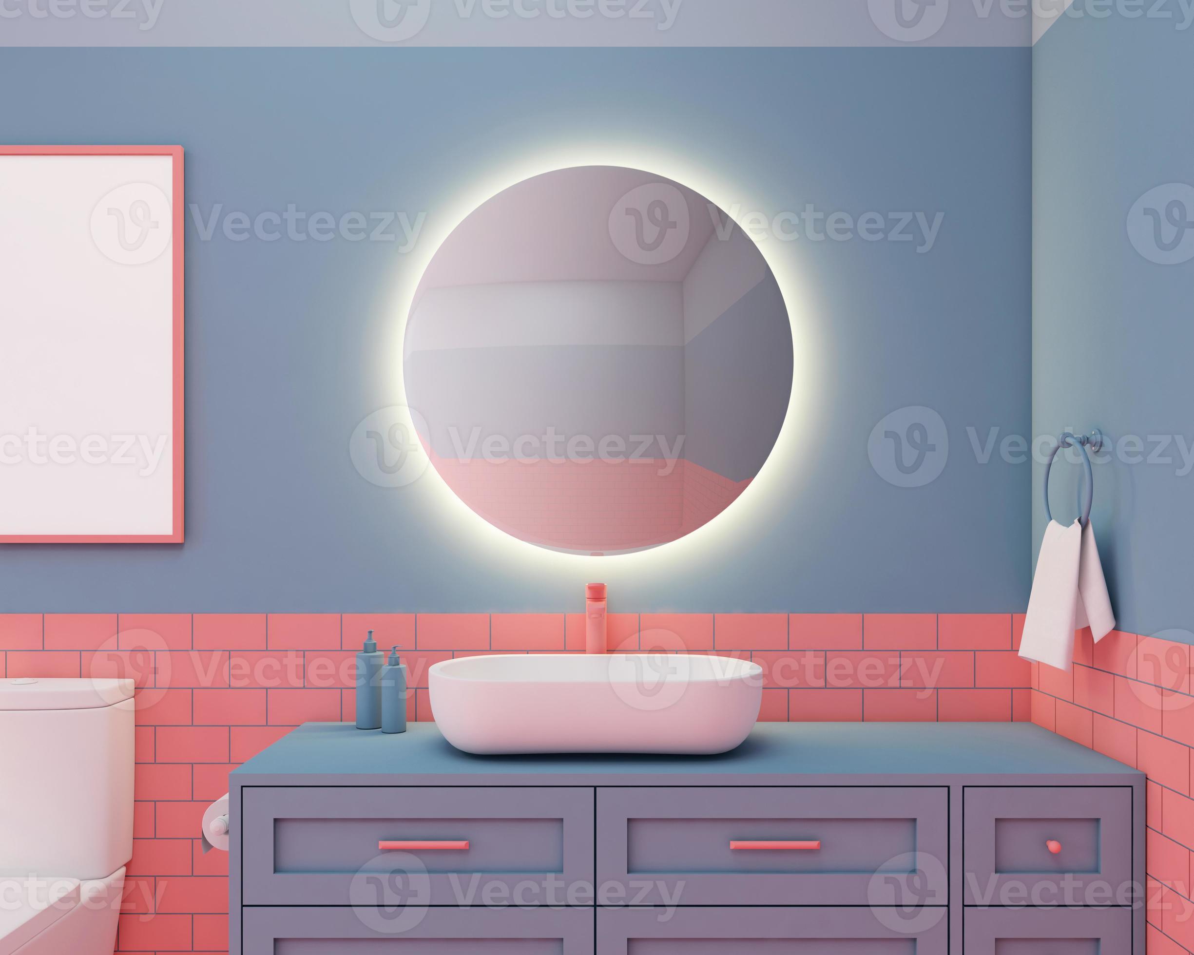 Modern bathroom wash basin and round mirror with decoration on living