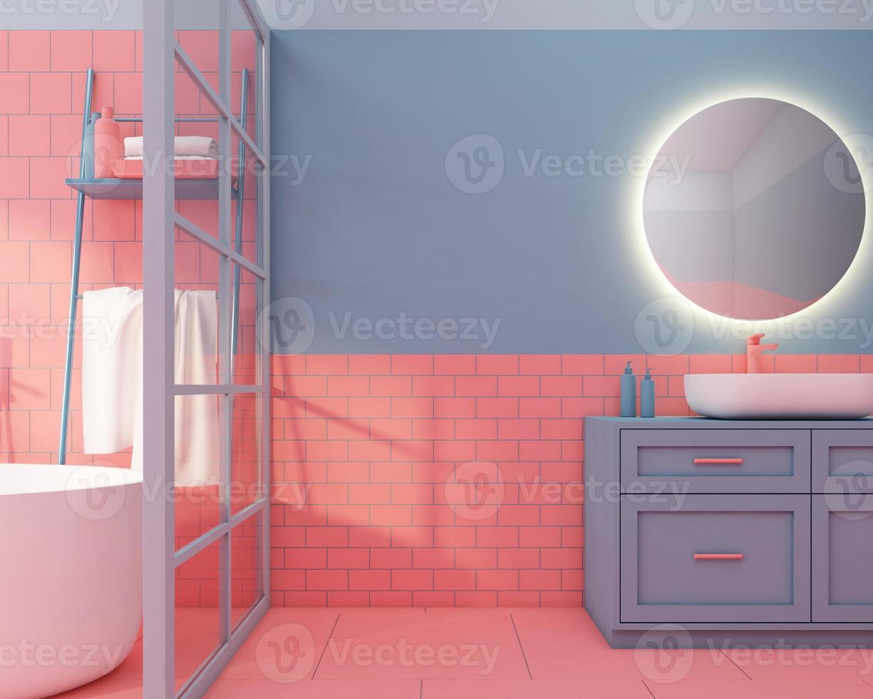 Colorful bathroom with decoration on living coral color tile and empty space. 3d rendering photo