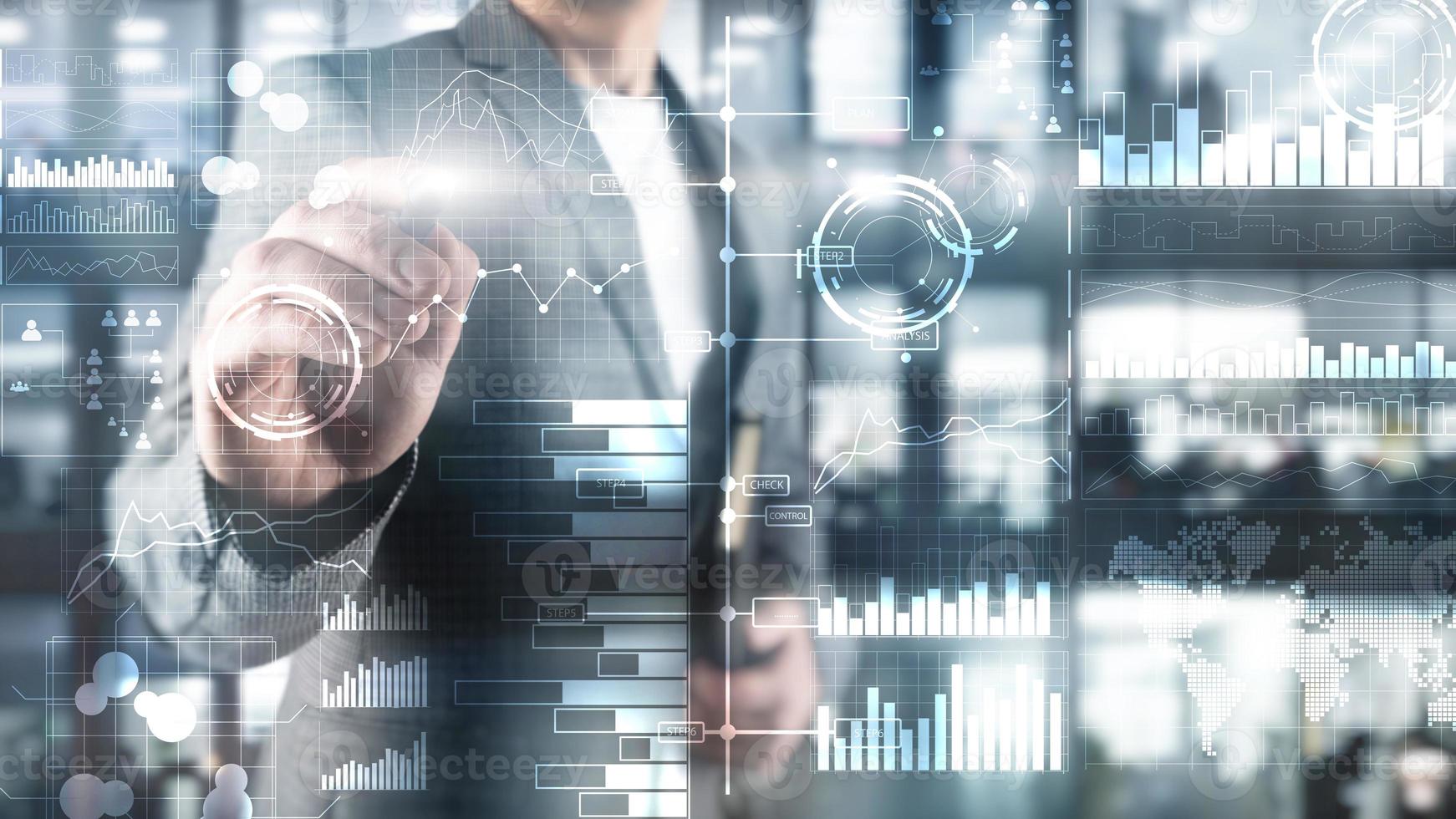 Business intelligence. Diagram, Graph, Stock Trading, Investment dashboard, transparent blurred background. photo
