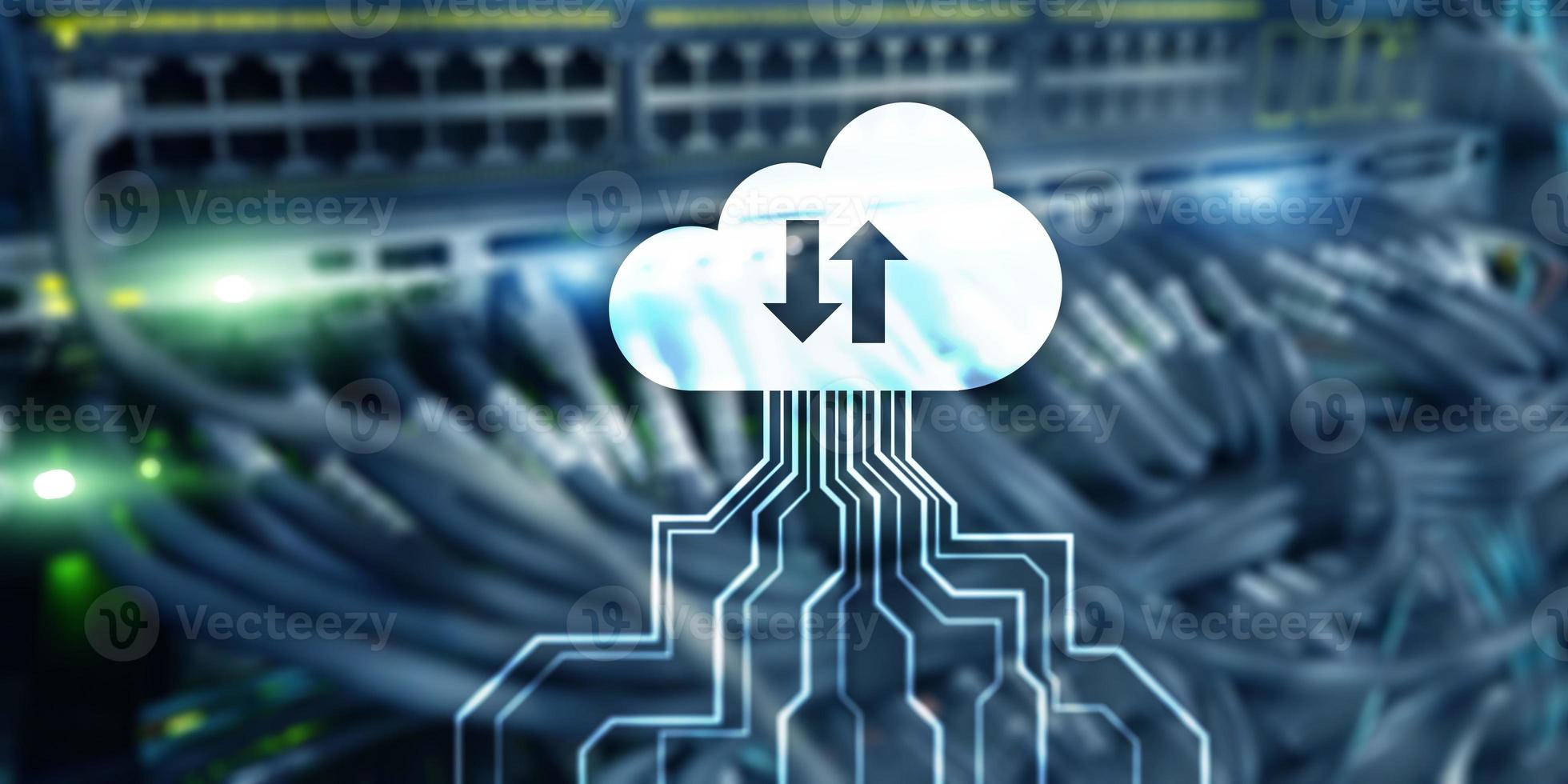 Technology Banner. Cloud Networking Data Storage Internet Concept on blurred server room. photo