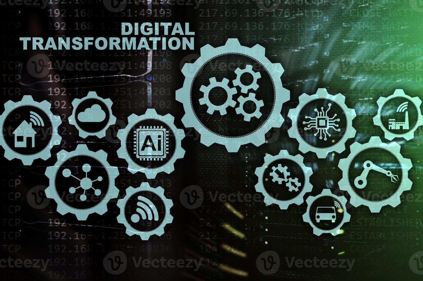 concepto de transformación digital de digitalización de procesos de negocio de tecnología. fondo del centro de datos foto