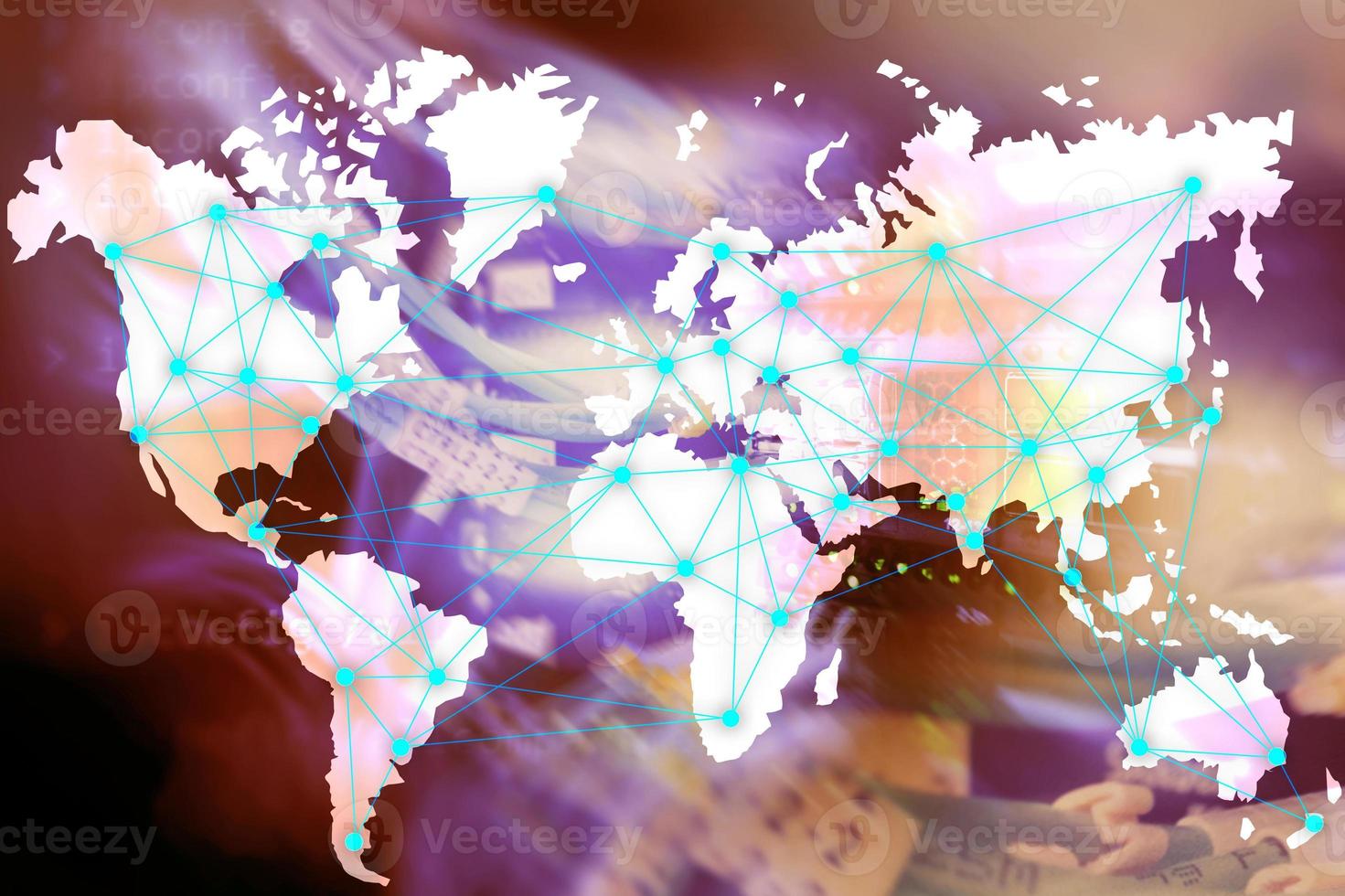 Internet and telecommunication concept with world map on server room background. photo