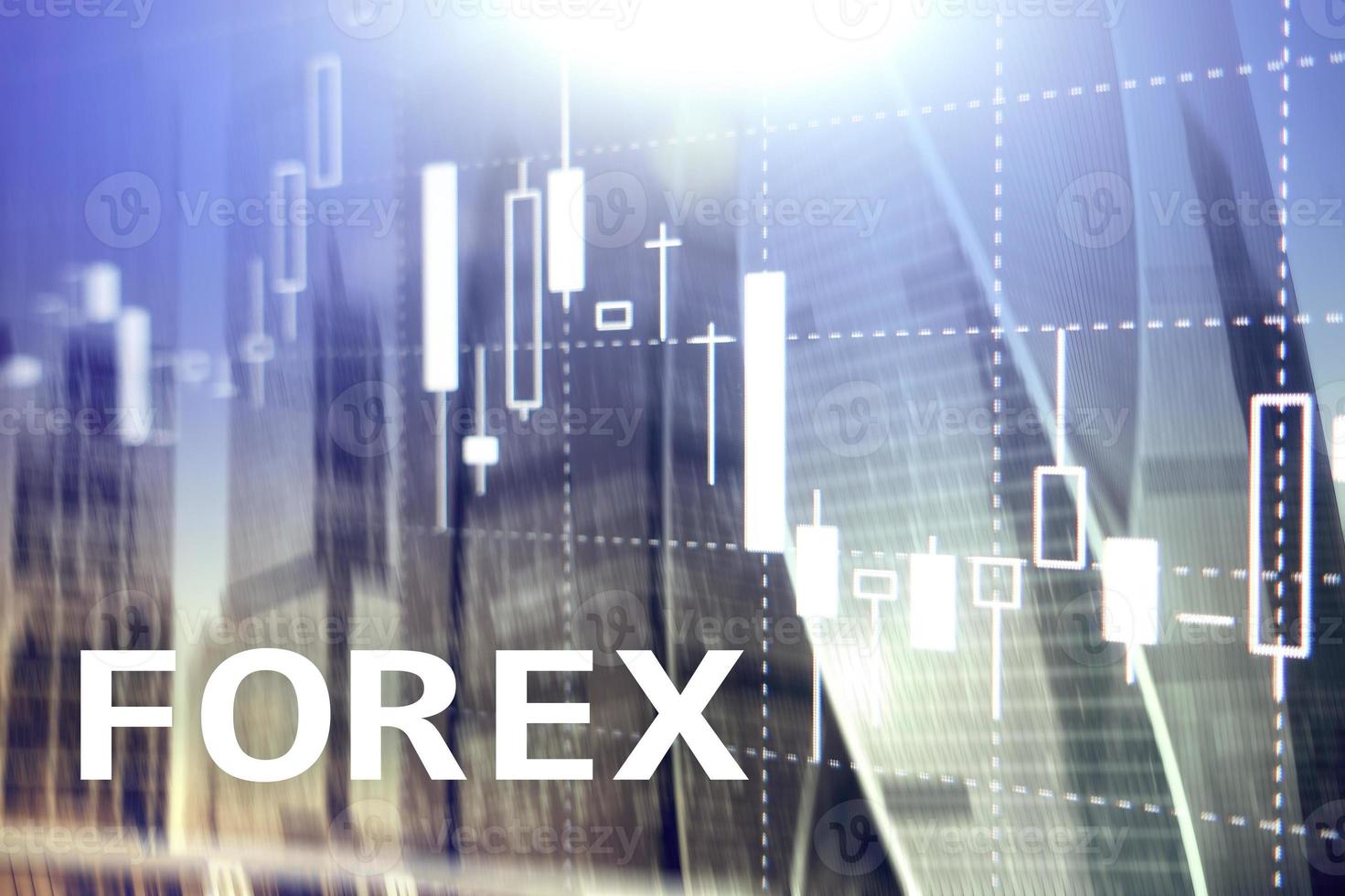 Forex trading, financial candle chart and graphs on blurred business center background. photo