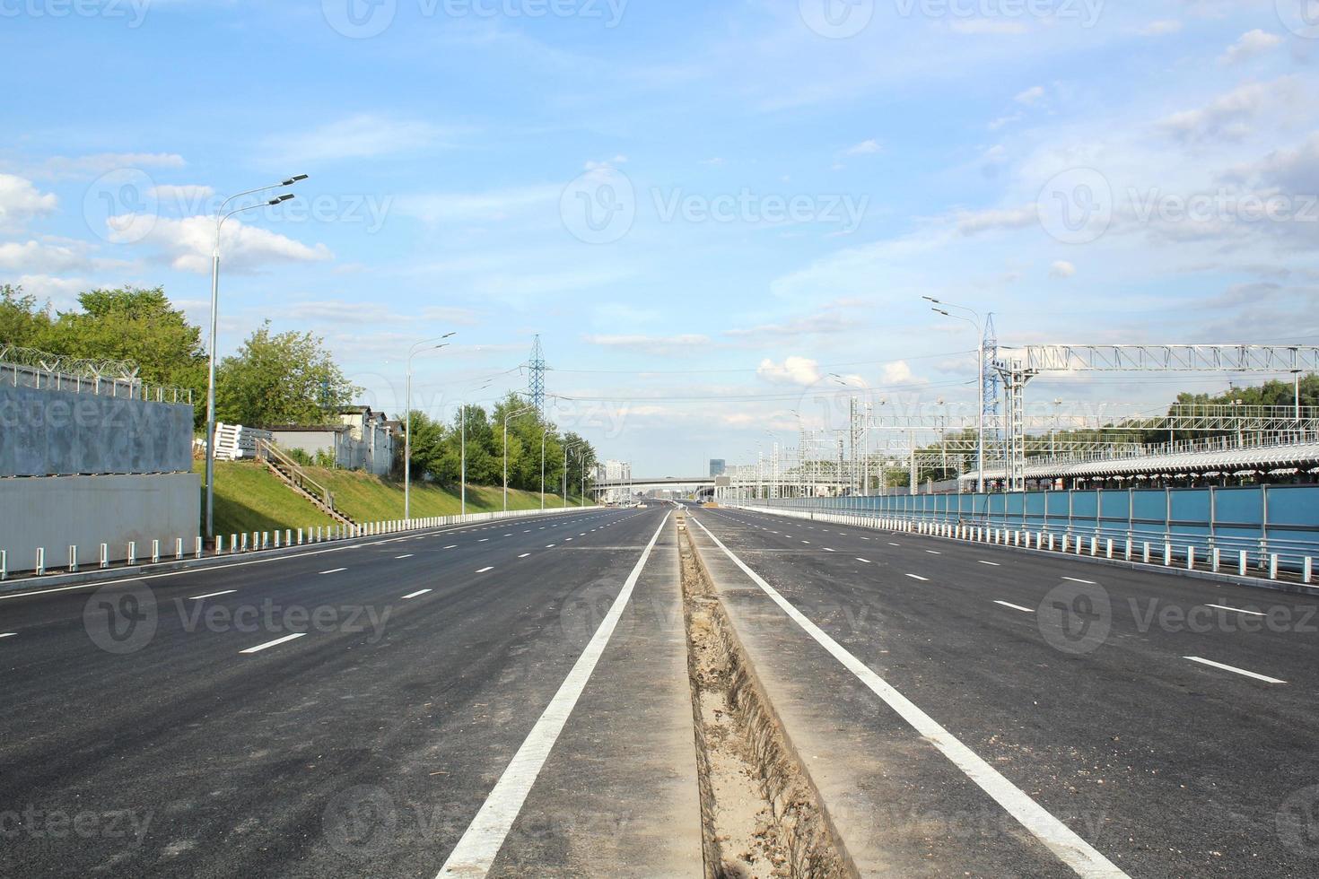 New traffic intersection road construction site. Development of transport infrastructure junction, improvement highway. Overpopulation problem. Erection overpass of northeast chord in Moscow, Russia photo