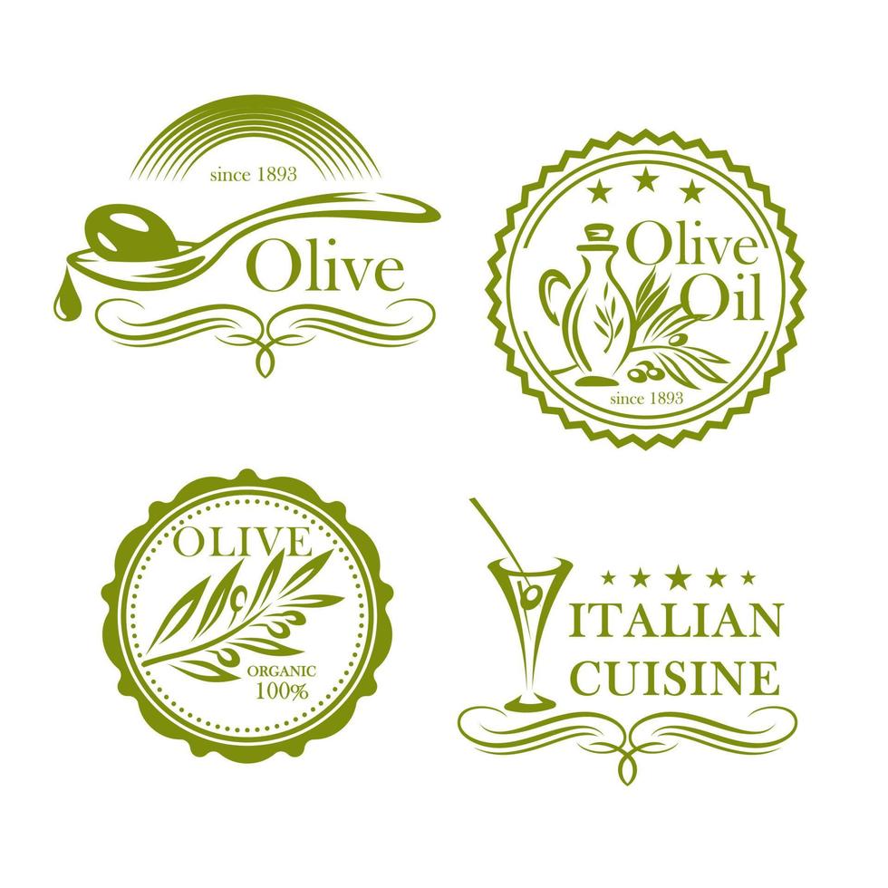Olives, olive oil vector isolated label icons set