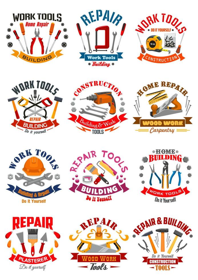 reparación, construcción, trabajo, herramientas, vector, iconos vector