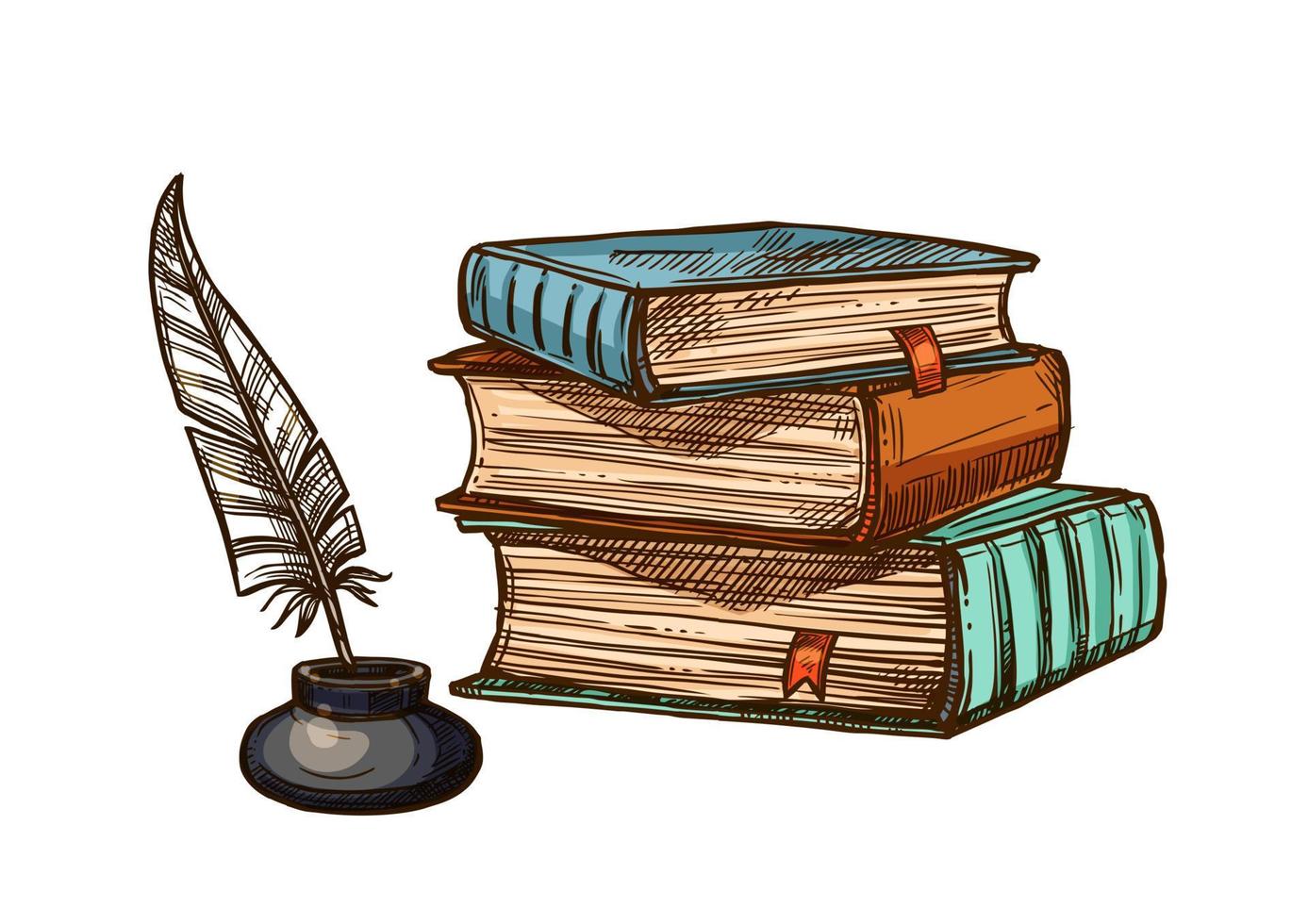 Vector old books and ink feather quill pen
