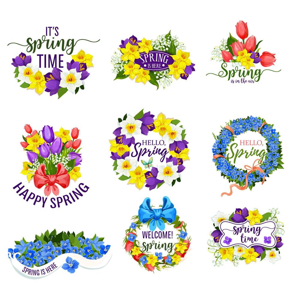 Spring flowers wreath and vector floral bouquets