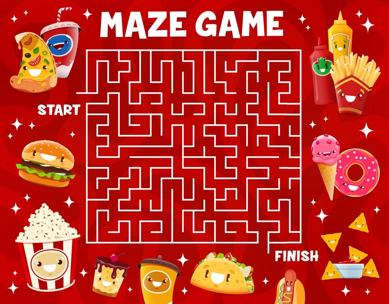 Labyrinth maze game with cute fast food characters vector