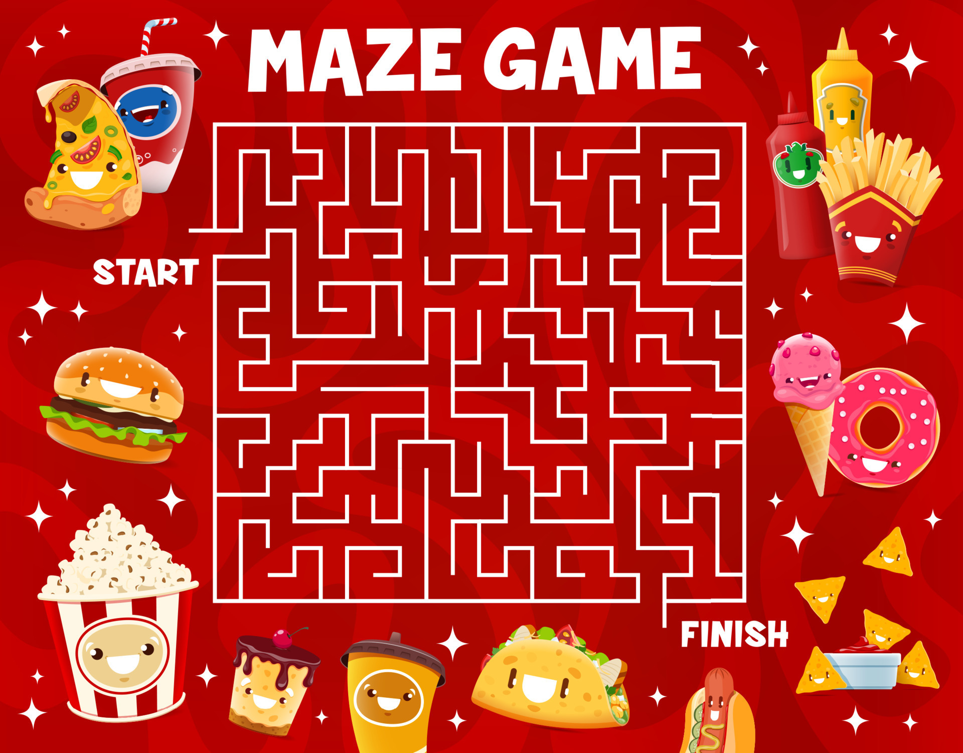 Labyrinth maze game with cute fast food characters 13937329 Vector Art