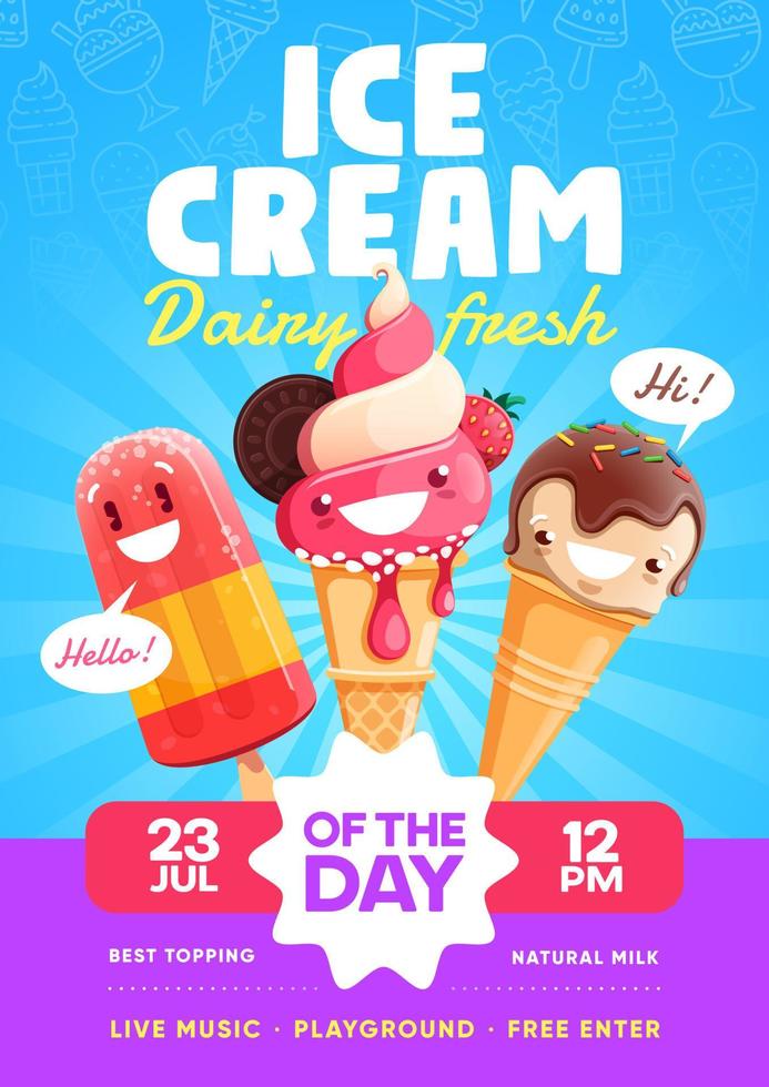 Ice cream flyer with cartoon dessert characters vector