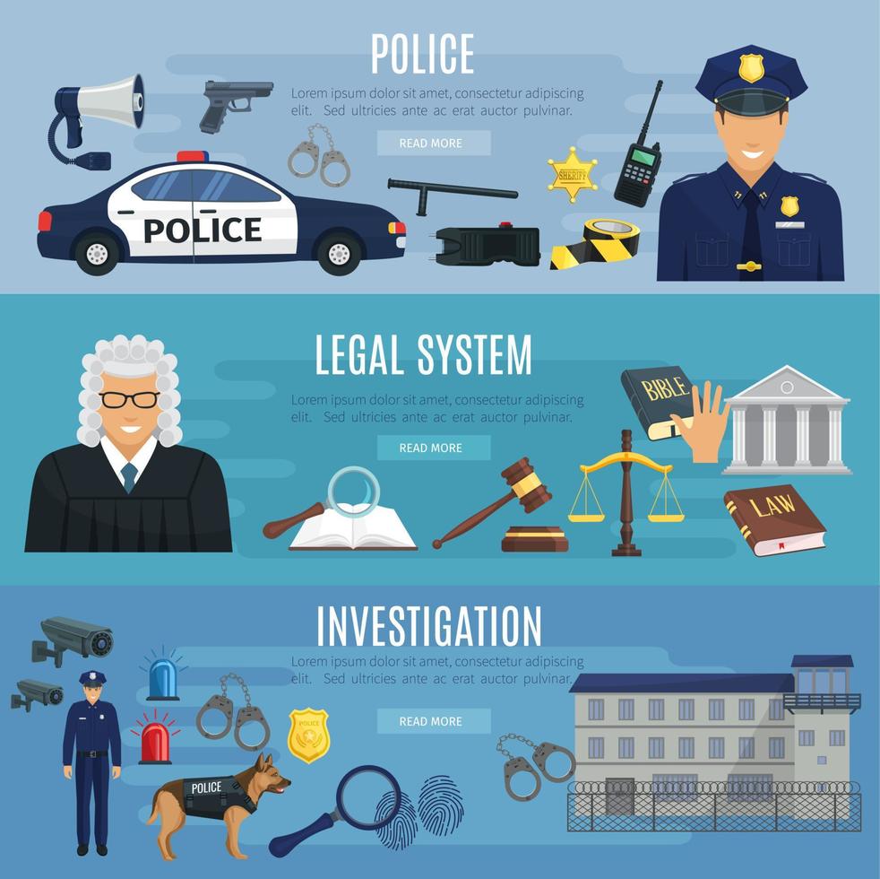 pancartas vectoriales de la policía y el juez del sistema legal vector