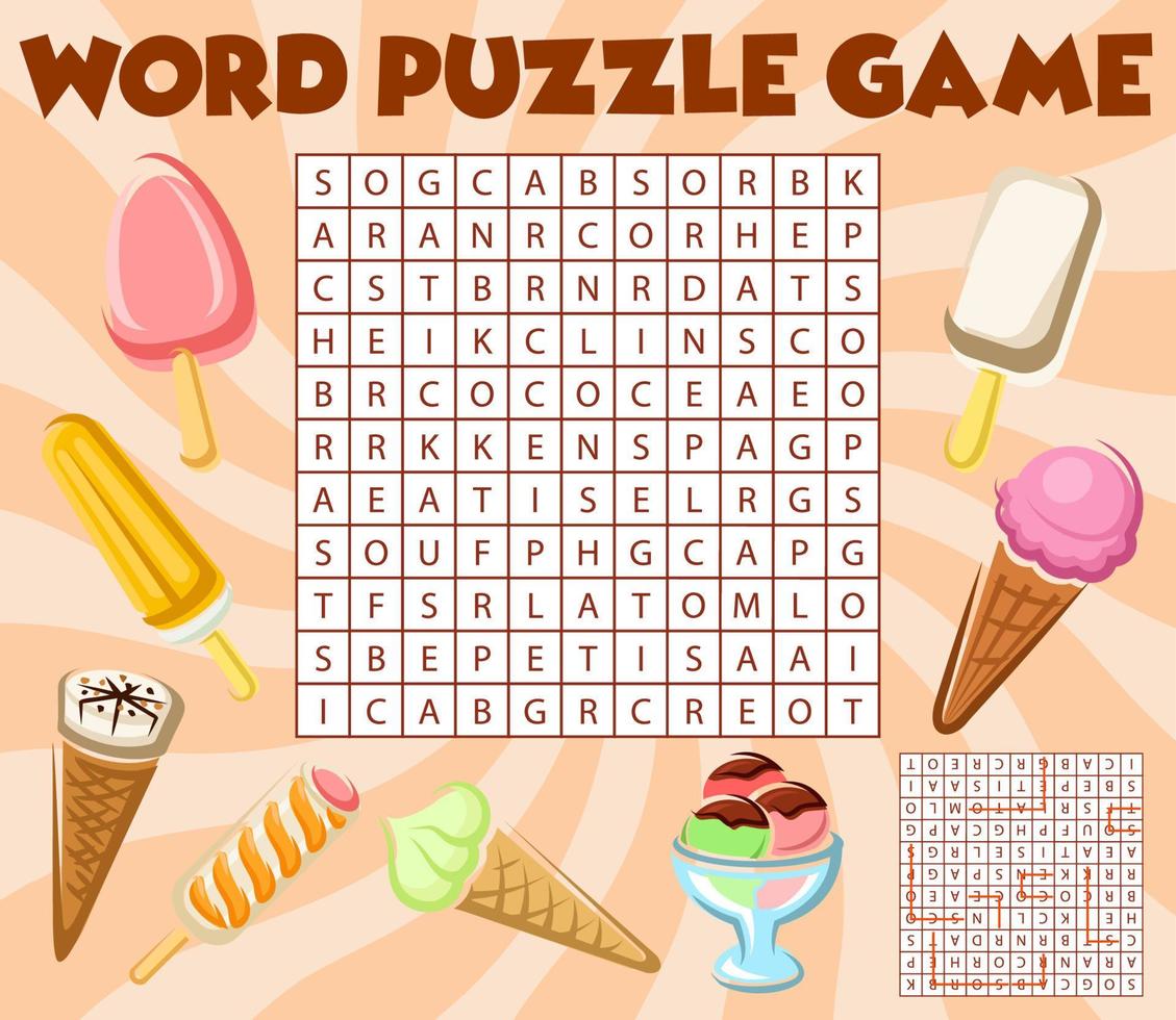 Ice cream, word search puzzle game worksheet grid vector