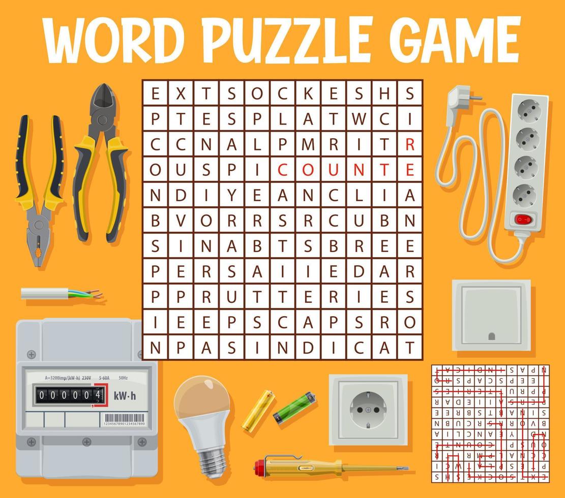 Electrician tools and equipment word search puzzle vector