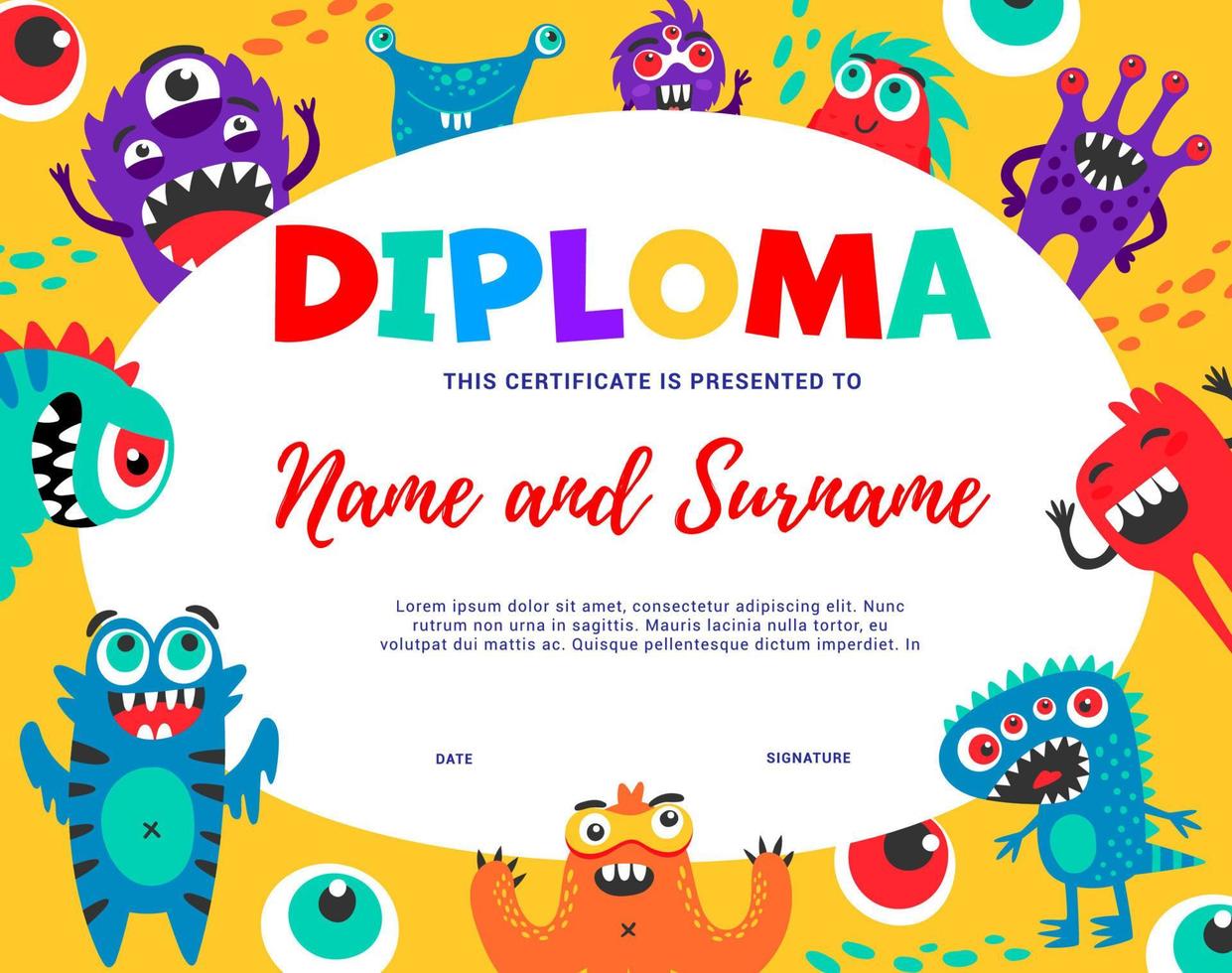 Kids diploma with funny monster characters vector