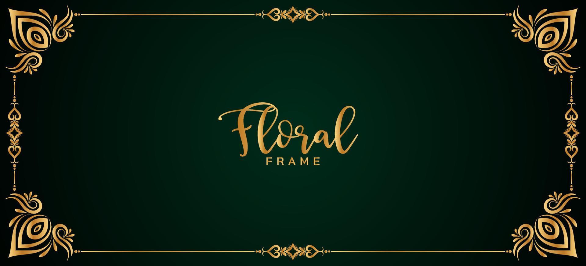 Stylish golden floral frame border dark green banner design vector