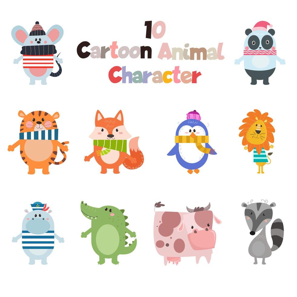 10 colección de lindos personajes de dibujos animados de animales vector