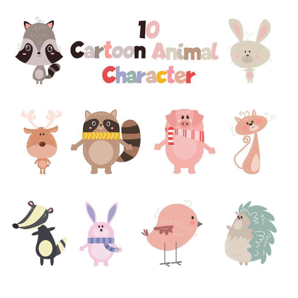10 collection of cute animal cartoon characters vector
