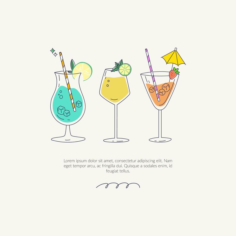 ilustraciones de verano dibujadas a mano. varias copas de cóctel aisladas con bebidas. diseño de moda para la invitación a la fiesta en la playa de verano, menú de bar de bebidas alcohólicas, carta de cócteles. vector