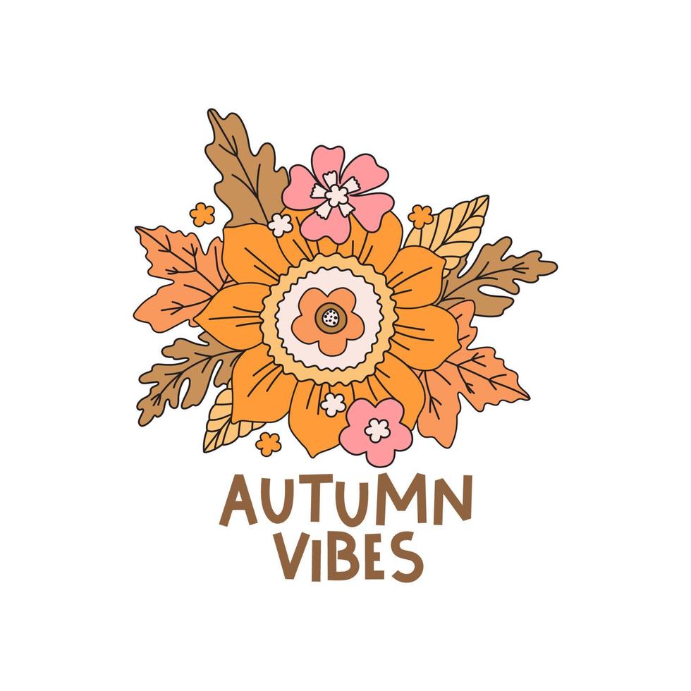 Abstract vector illustration with flowers and leaves. Sunflower with different wildflowers and autumn leaves. Autumn Vibes lettering illustration