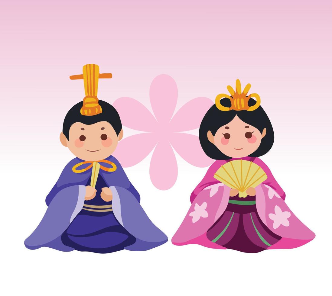 muñeca tradicional japonesa hinamatsuri para el día de la niña o el día de la muñeca. ilustración de vector de muñecas hina con dibujo de estilo de arte plano de dibujos animados sobre fondo degradado rosa simple.