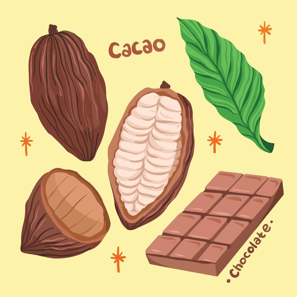 cacao chocolate partes completas fruta, hoja y barra vector ilustración conjunto colección, aislado sobre fondo amarillo. ilustración de vector de comida dulce deliciosa con dibujo digital de estilo de arte plano de dibujos animados.