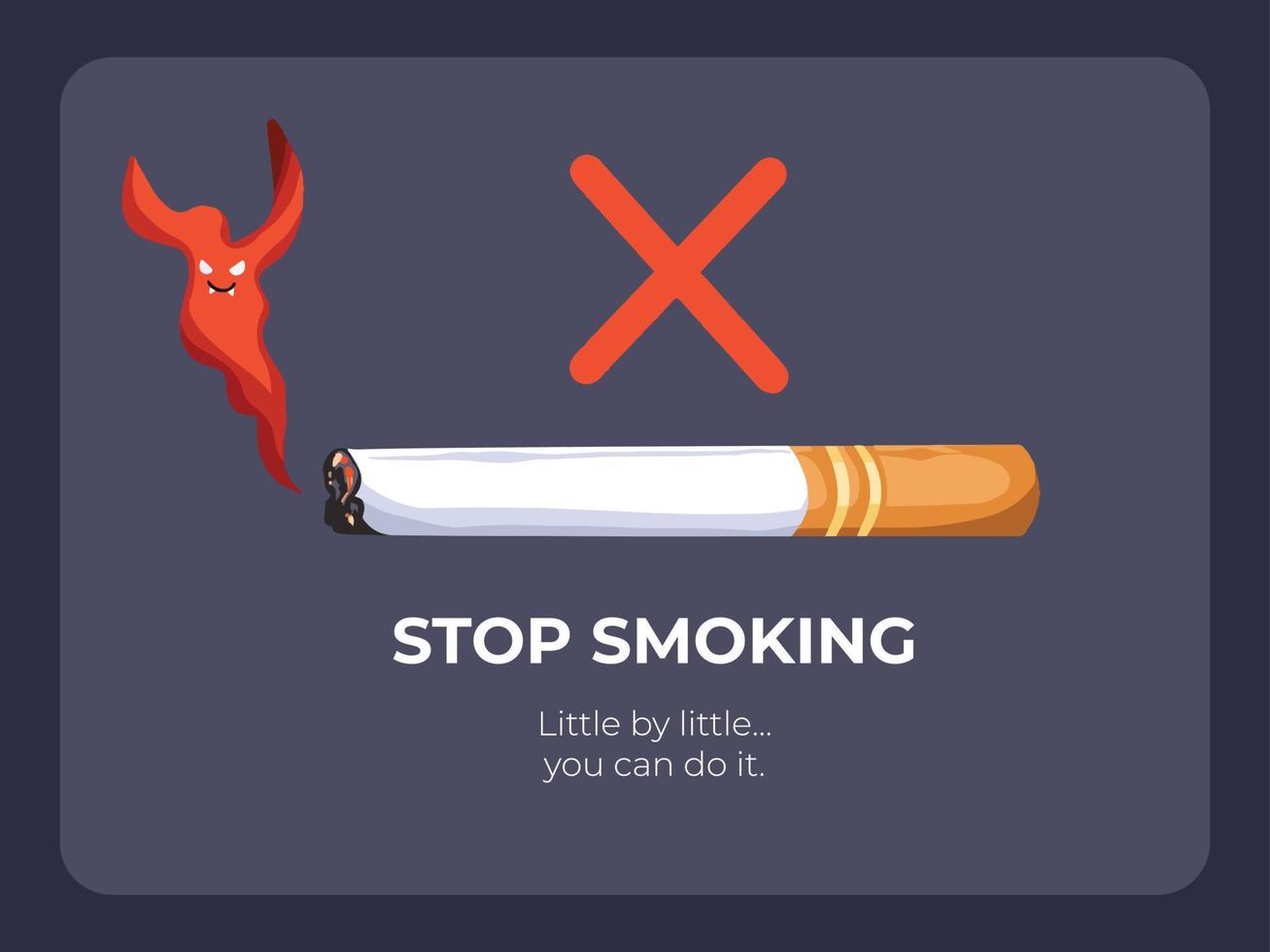 Try to stop smoking little by little. No smoking vector illustration drawing with evil red smoke for poster banner template. Isolated on dark background