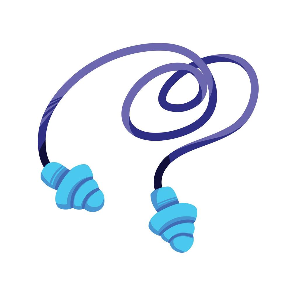 Ilustración de vector de tapón auditivo con cable azul aislado en fondo blanco con dibujo de estilo de arte de caricatura plana. herramienta de silencio, prevención de sonido de audio para usar en vuelo o al dormir.