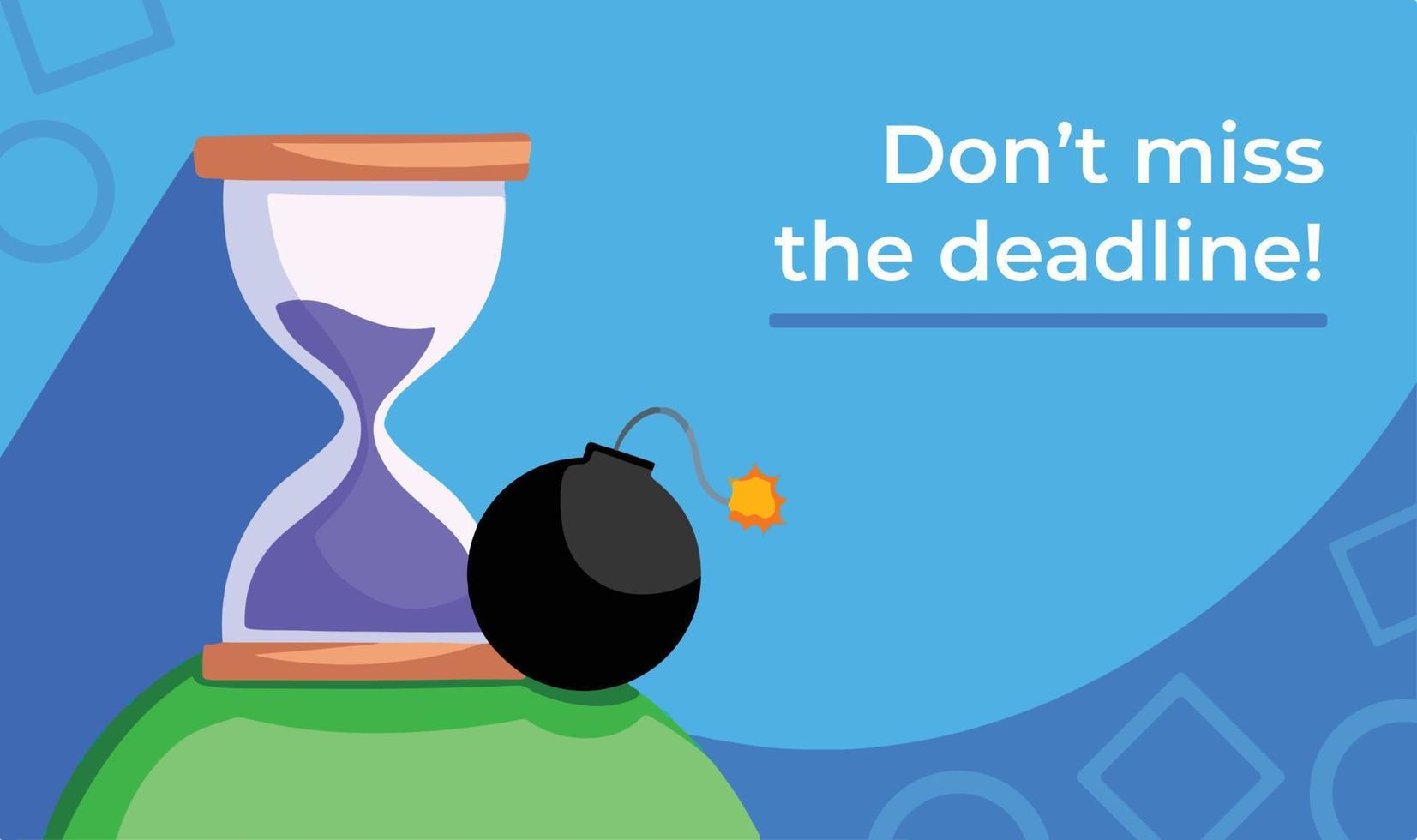 Don't miss the deadline illustrative background. Hourglass with purple sand and bomb vector illustration. Time management wallpaper drawing with cartoon flat art style and colors.