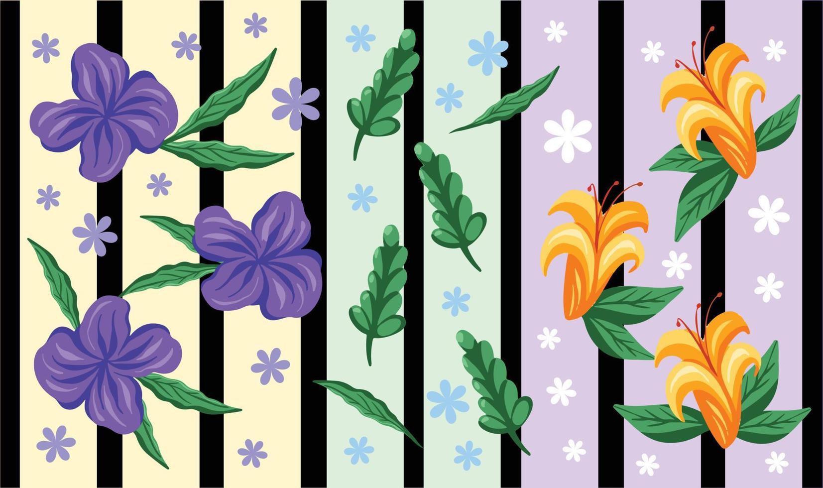 Fondo de flores púrpura y amarillas con ilustración vectorial de papel tapiz en colores pastel y negro. telón de fondo decorativo con estilo de arte plano de dibujos animados y fondo de rayas negras. vector