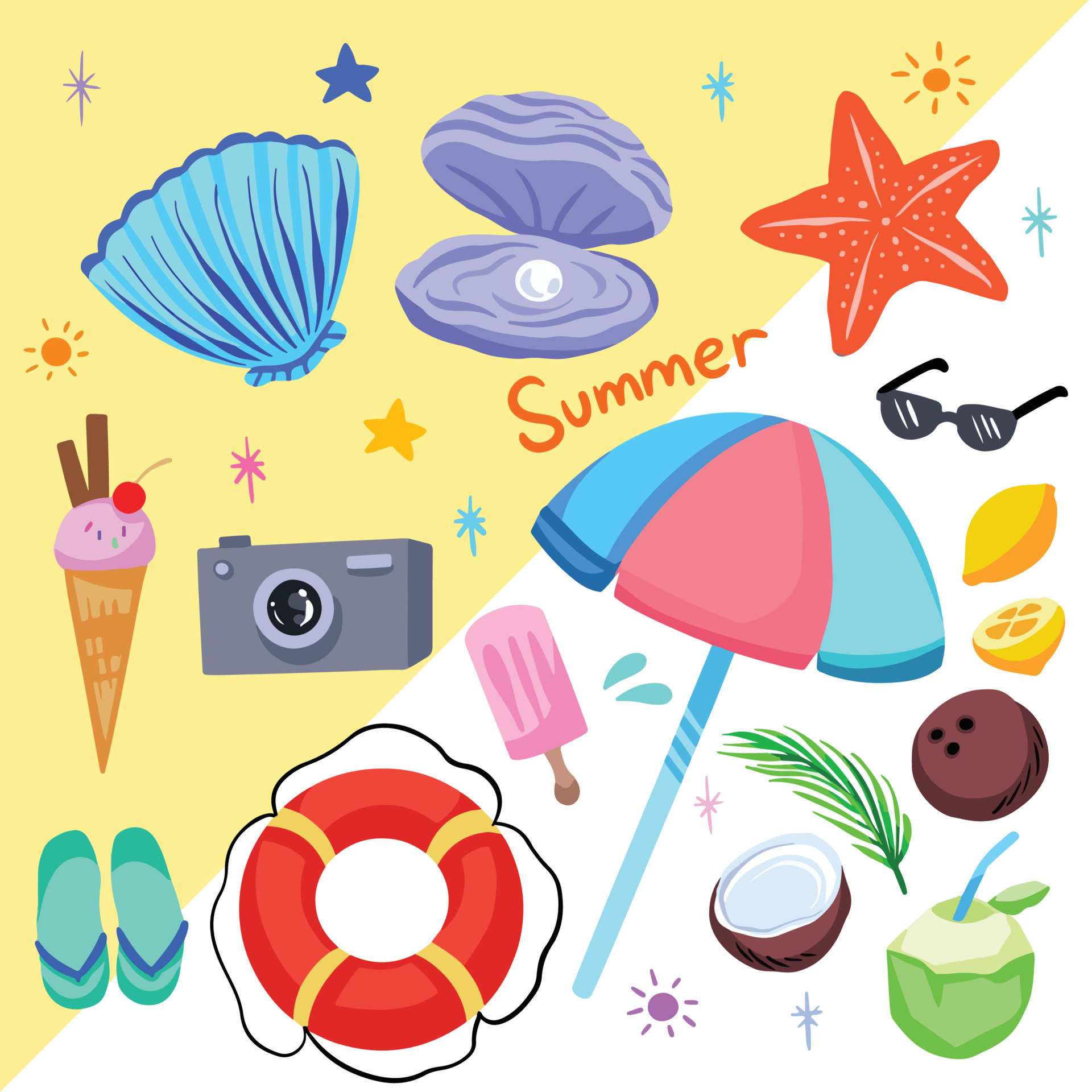 Summer vibes on the beach, with sea creatures like clam and starfish,  sunglasses, ice cream, coconut, and others. Vacation vector illustrations  set with cartoon flat art style drawing collection. 13938827 Vector Art at  Vecteezy
