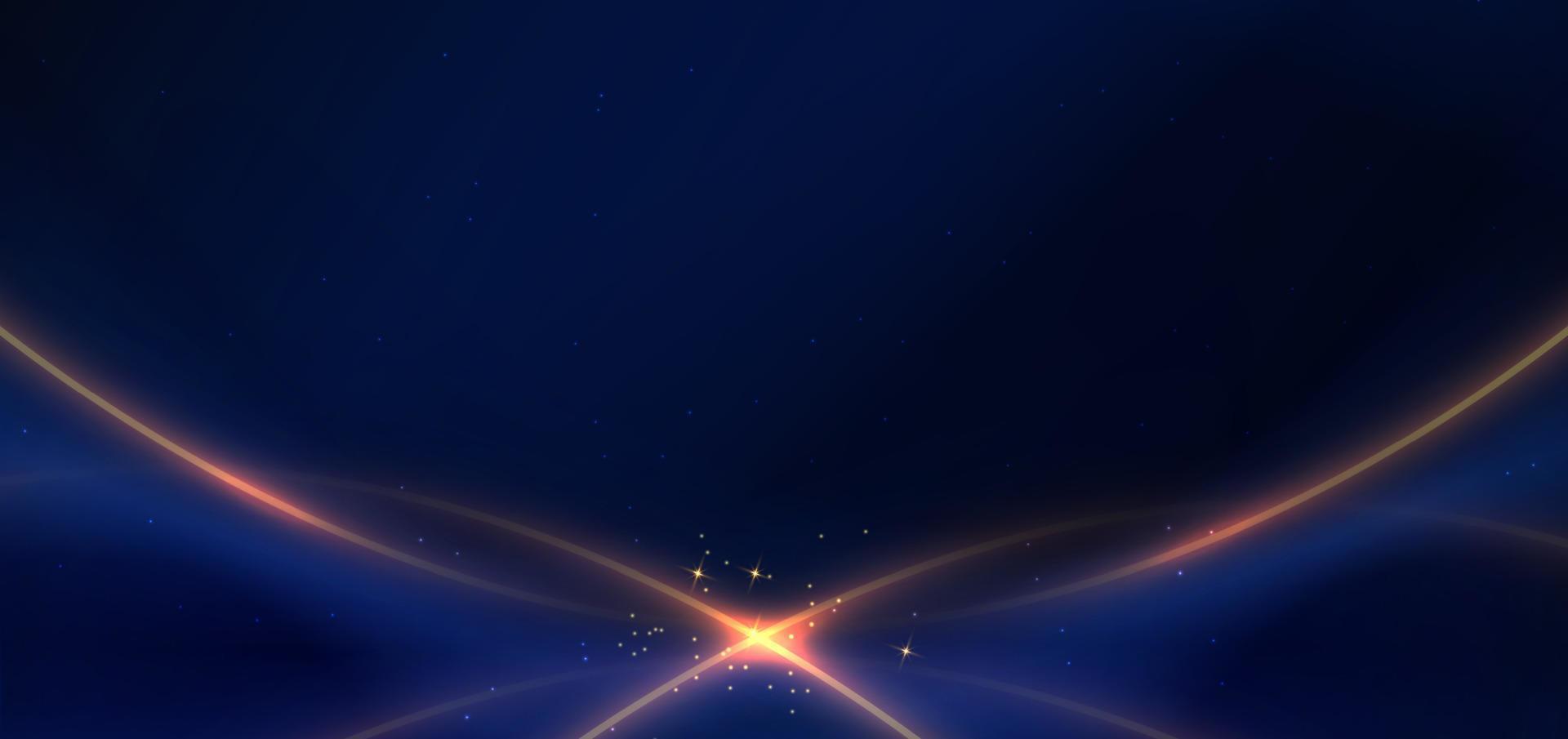 Luxury dark blue background with golden line curved and lighting effect sparkle. vector