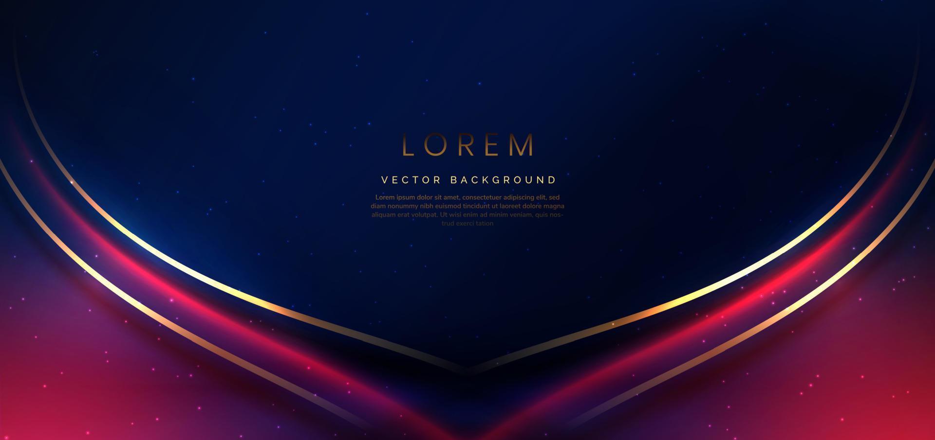 Luxury dark blue background with red and golden line curved and lighting effect sparkle. vector