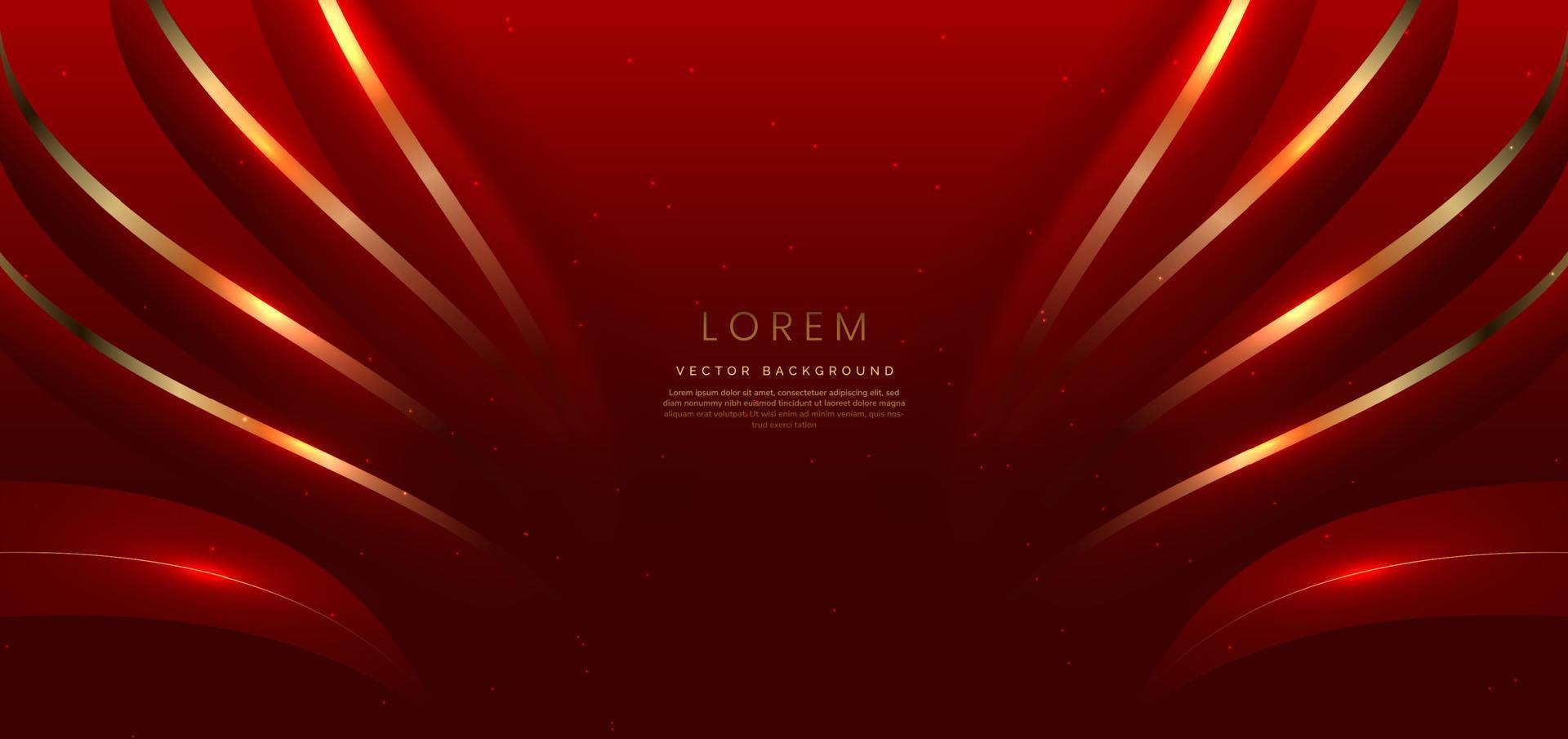 Abstract 3d gold curved red ribbon on red background with lighting effect and sparkle with copy space for text. vector