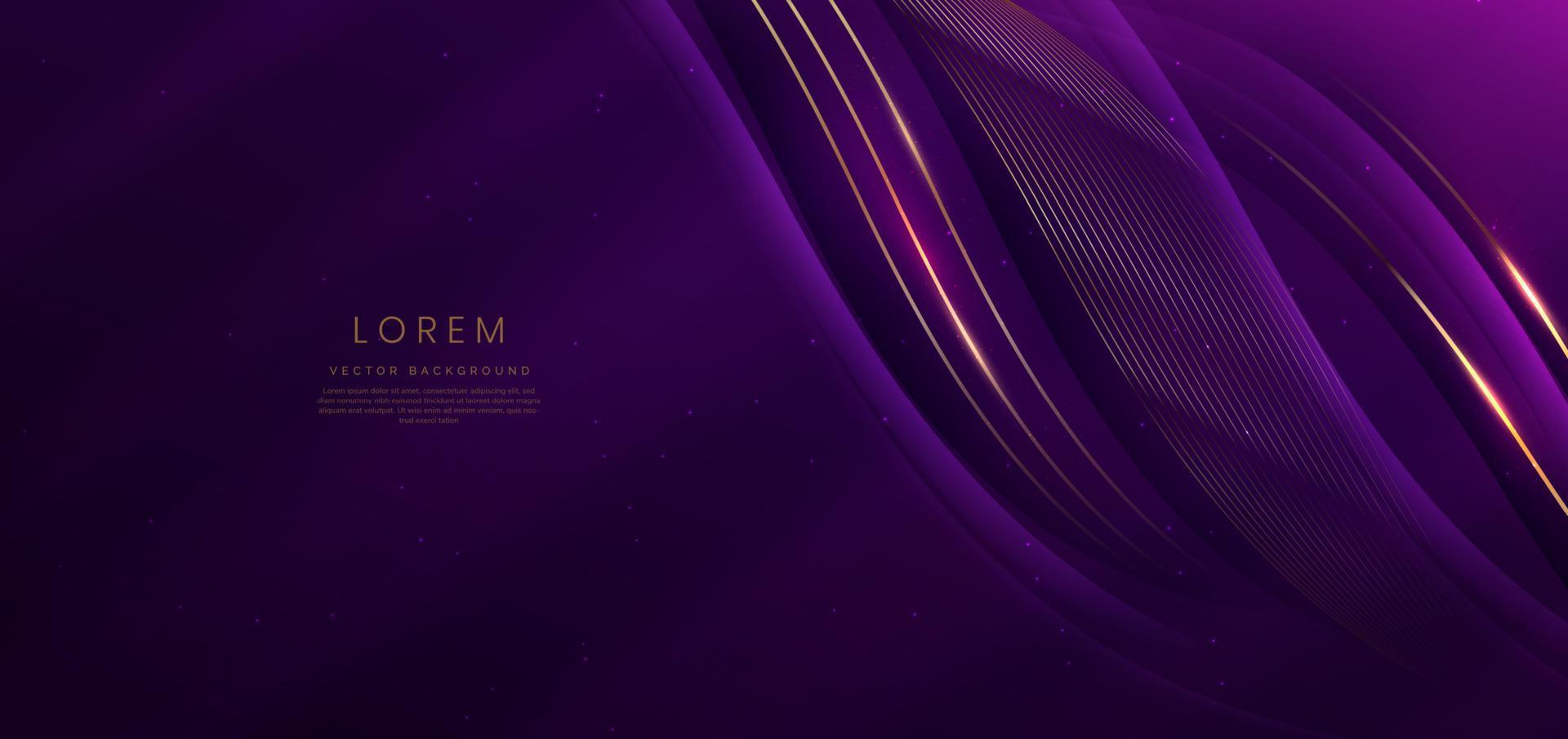 Luxury curve golden lines on dark purple  background with lighting effect copy space for text. Luxury design style. vector