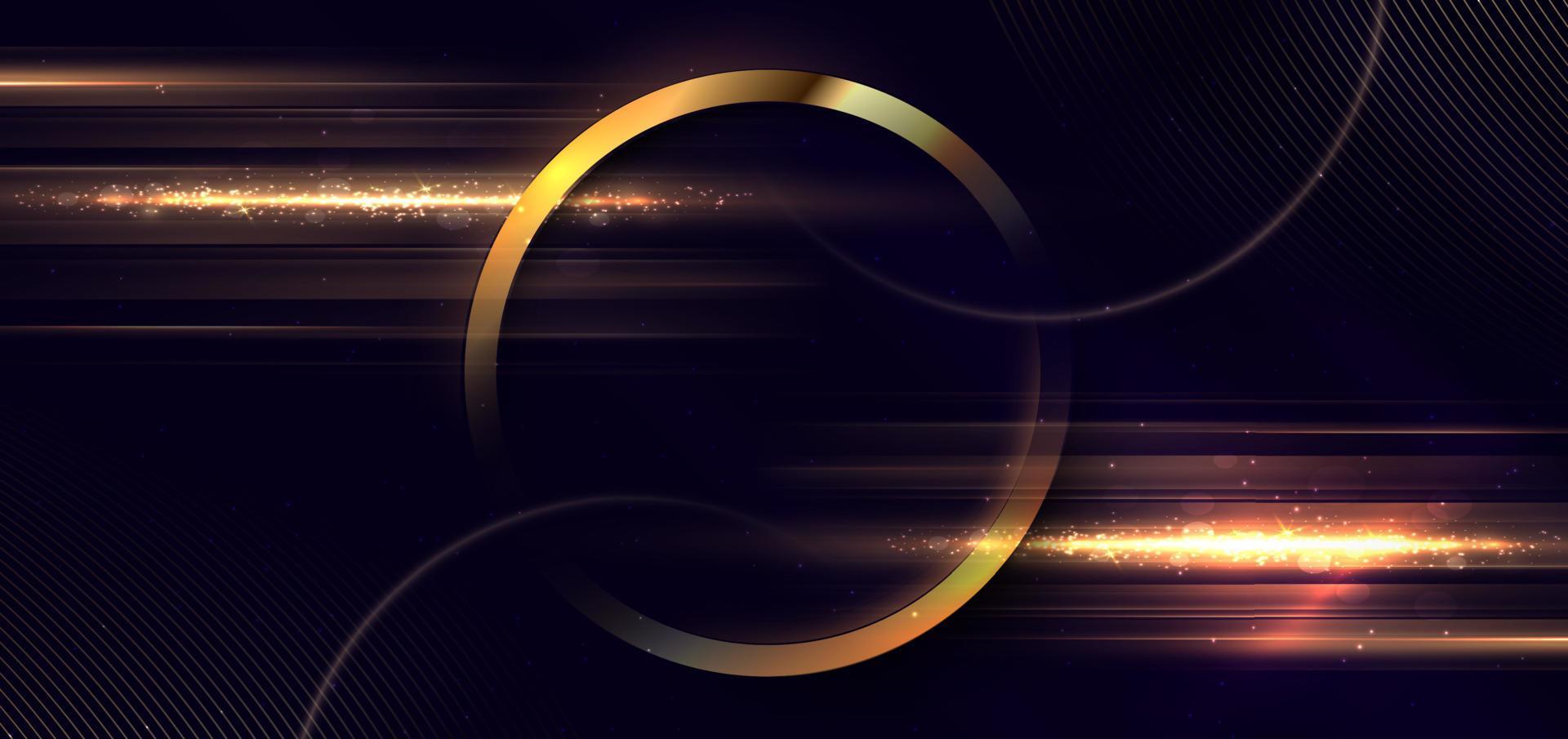 3D gold circle on dark purple background with lighting effect and space for text. Luxury design style. vector