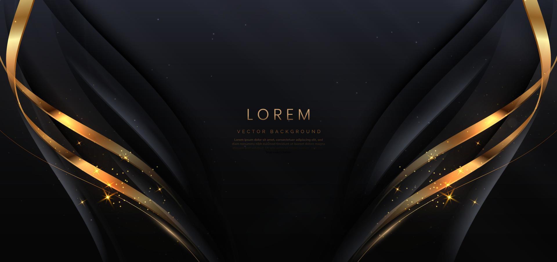 Luxury curve golden lines ribbon on black background with lighting effect copy space for text. Luxury design style. vector