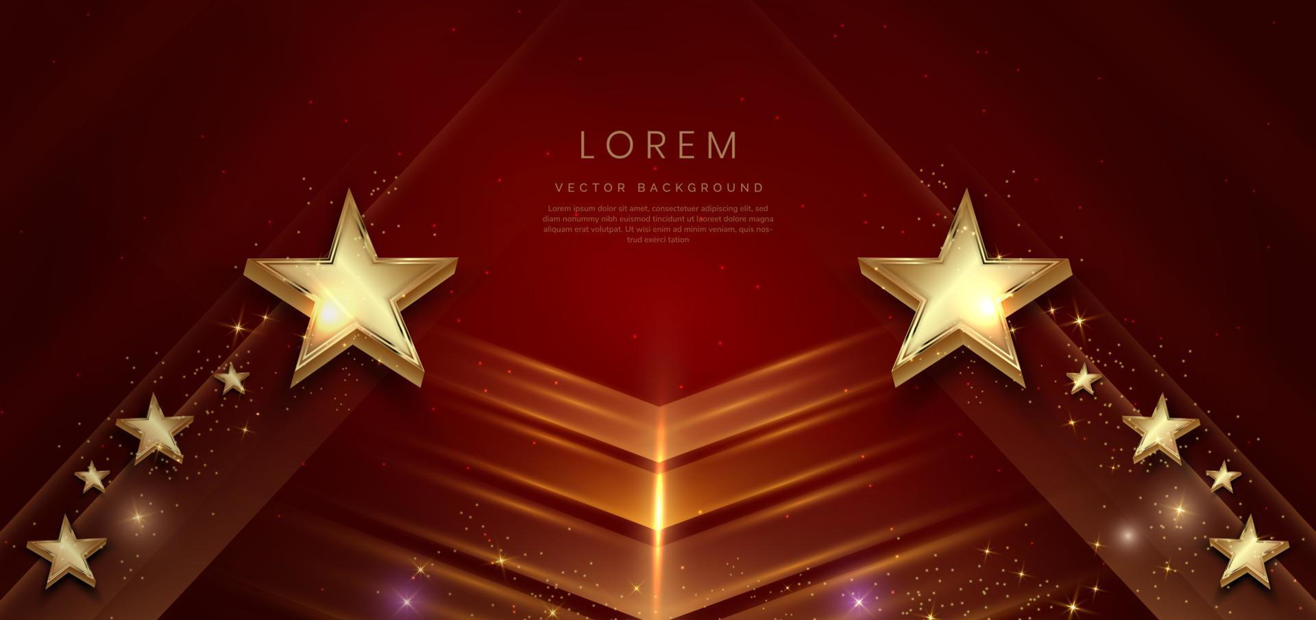 Luxury golden 3d stars on red background with lighting effect and spakle. Template premium award design. vector